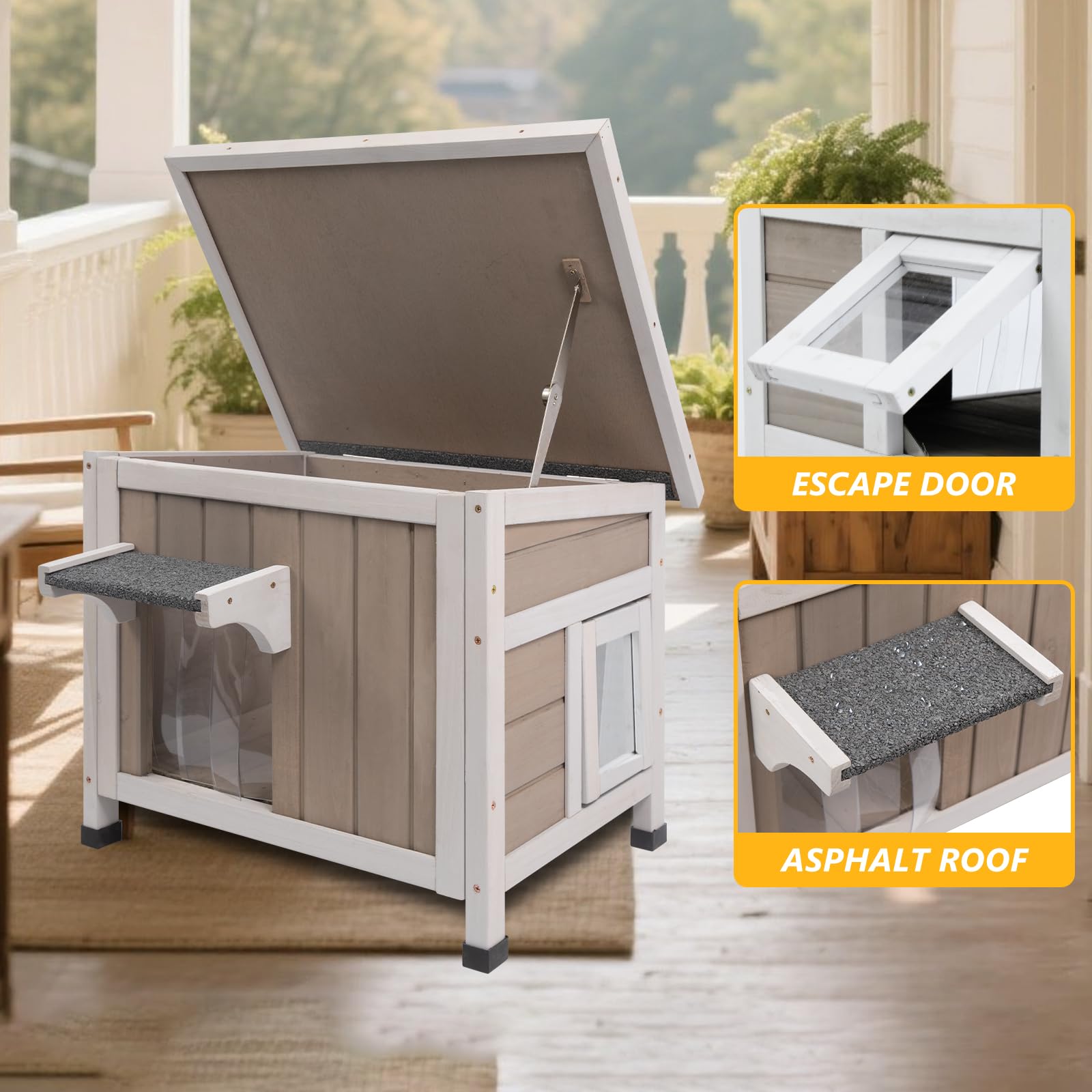 Gowoodhut Insulated Cat House, 22.44" L, Weatherproof Foam Shelter, Grey, Model PET18, 2 Escape Doors for Winter Cats