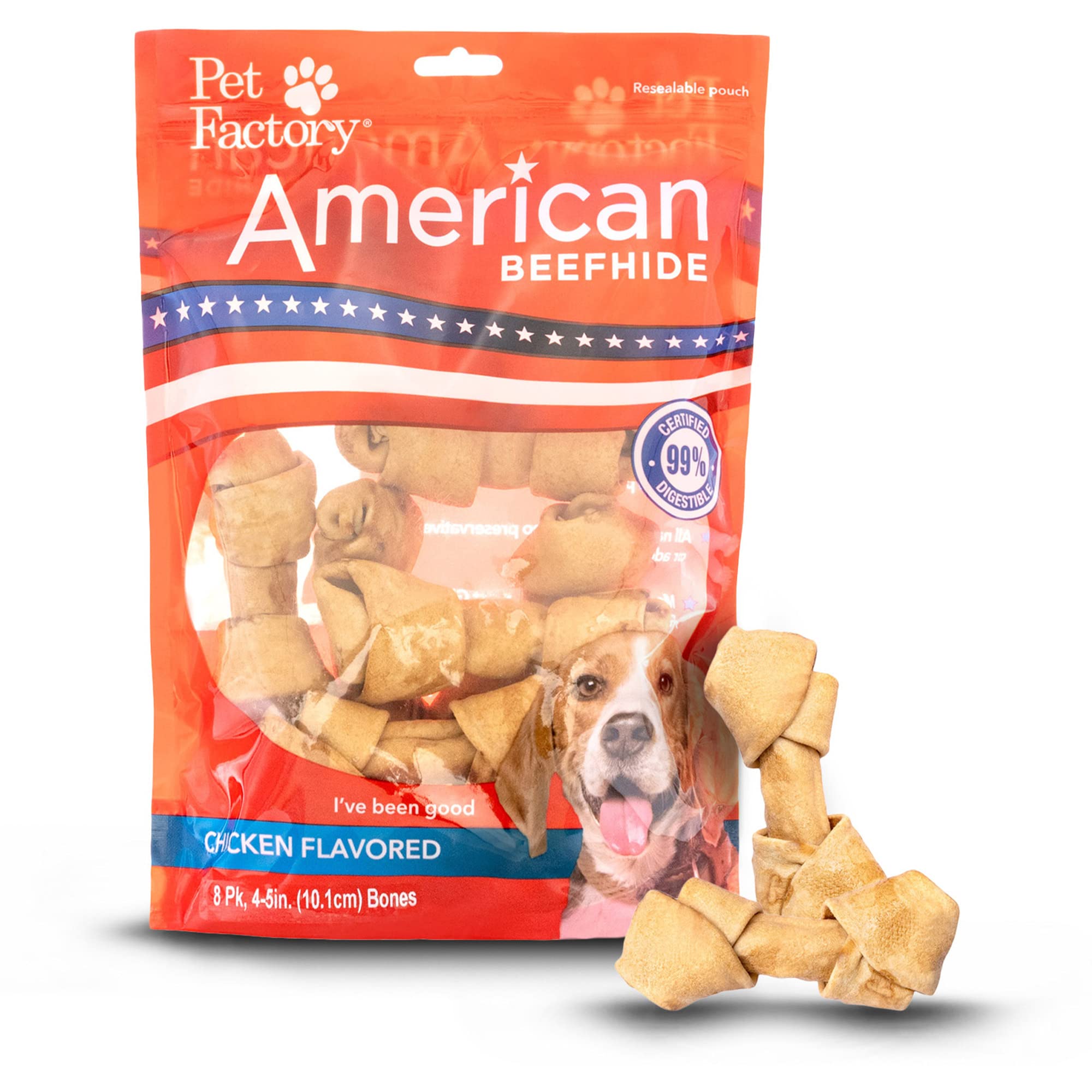 Pet Factory American Beefhide 4-5 Knotted Bones Dog Chew Treats - Chicken Flavor, 8 Count/1 Pack