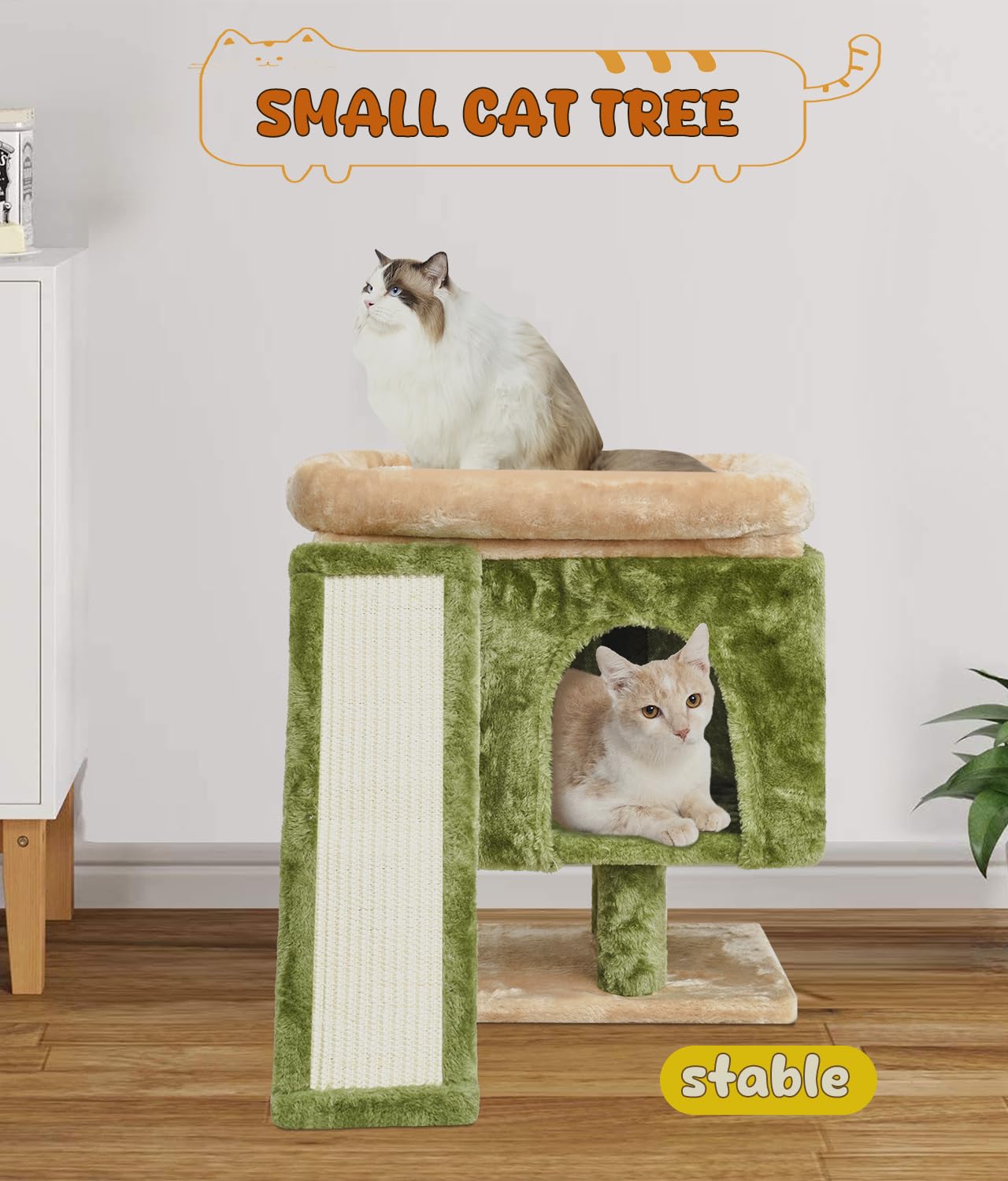 Syandlvy Small Cat Tree For Indoor Cats, Cat Tower With Scratching Post, Modern Activity House For Large Cats, Condo With Board,