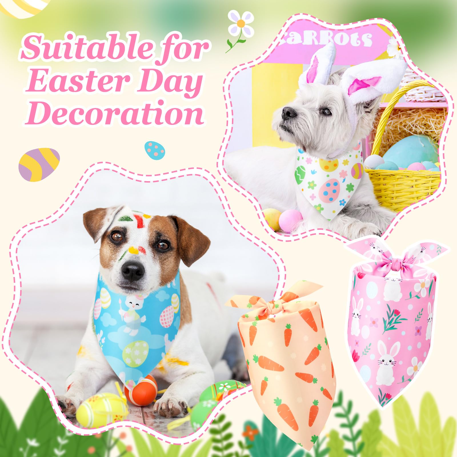 Jeere 50 Pieces Easter Dog Bandanas Bulk Bunny Bandanas for Dogs Shamrock Heart Bunny Holiday Festival Scarf Triangle Bibs for S