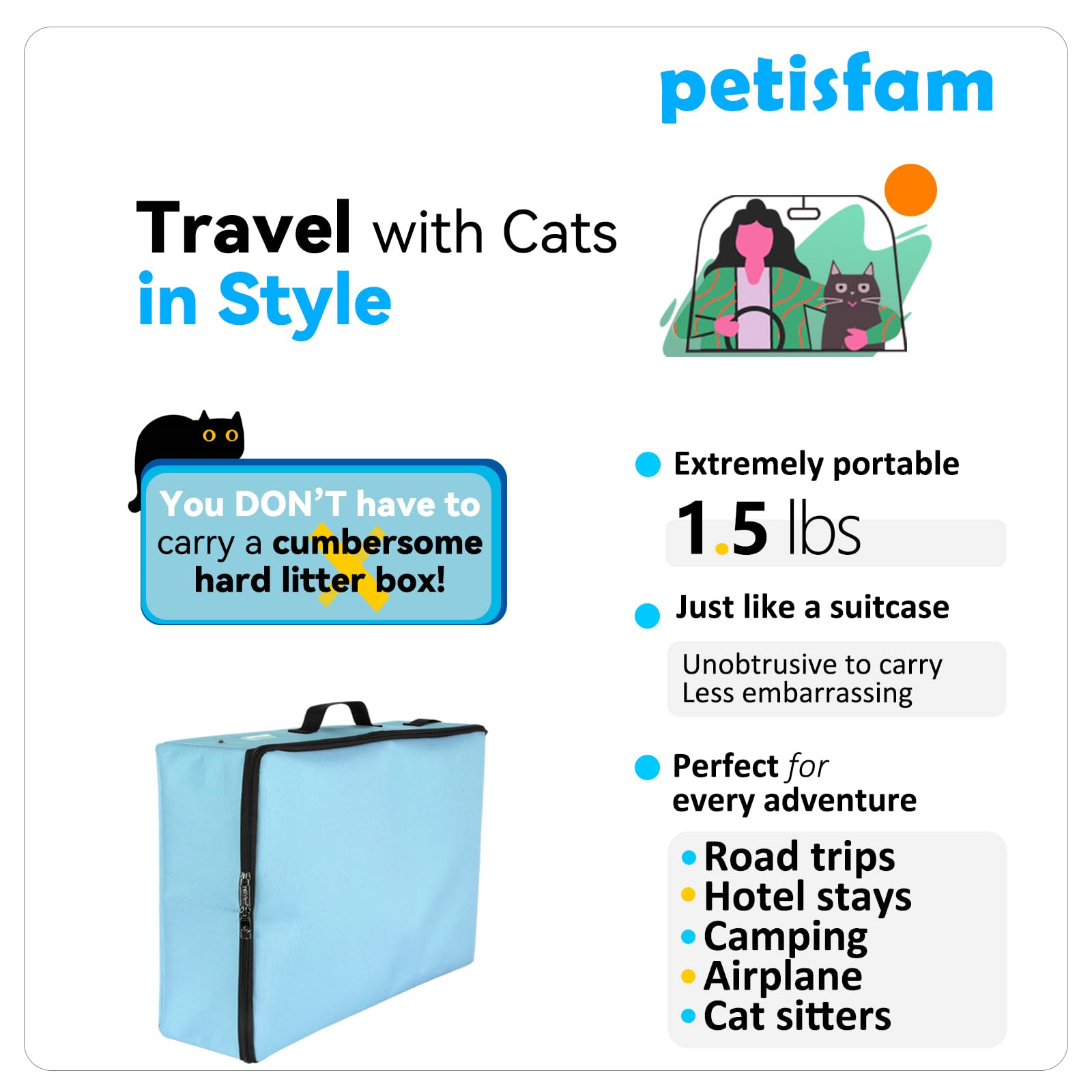 Portable Cat Travel Litter Box With Leak-Proof Zipped Lid To Keep Odor And Litter Contained. Lightweight To Carry Around (Blue,
