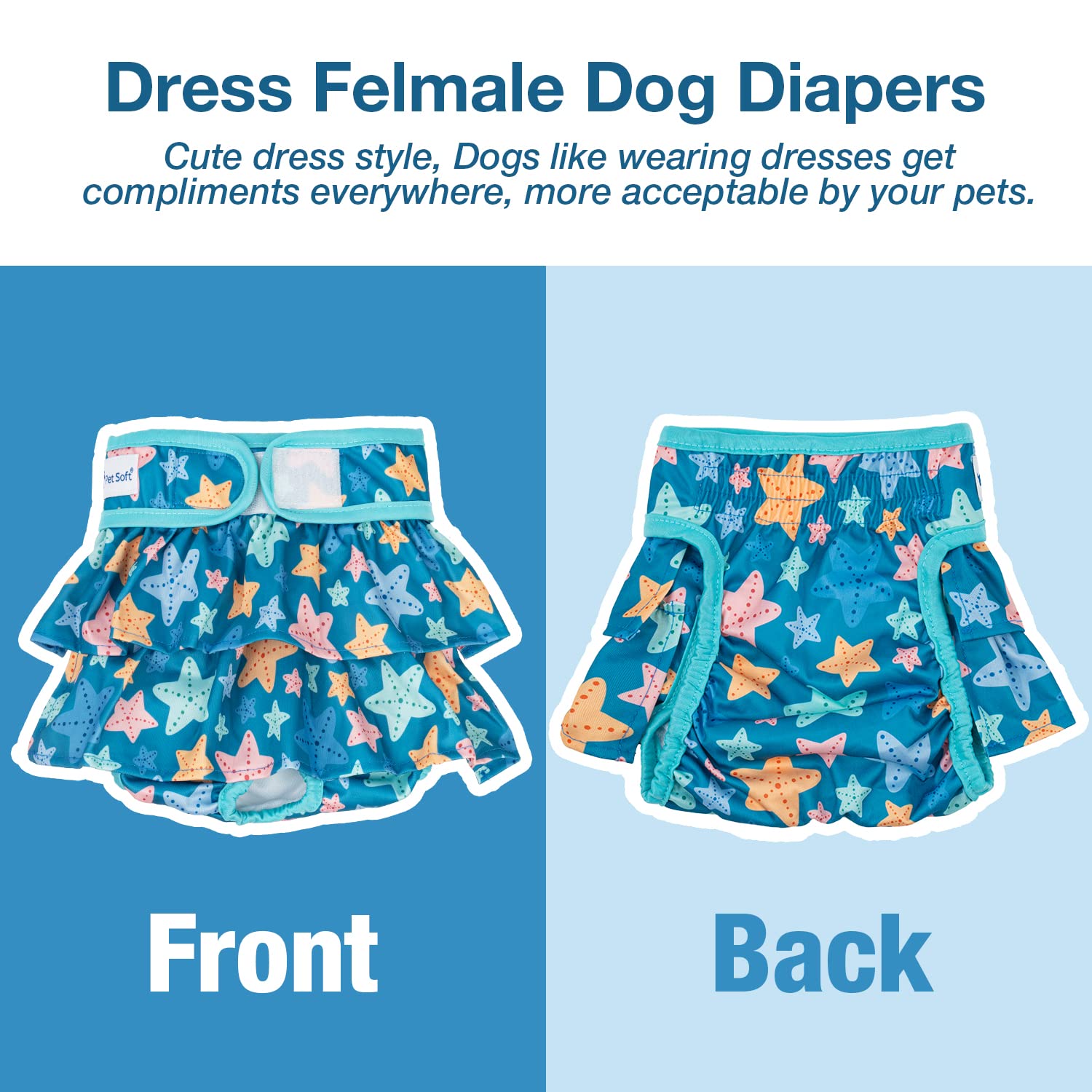 Pet Soft Washable Female Diapers (3 Pack) - Female Dog Diapers, Dress Style Comfort Reusable Doggy Diapers For Girl Dog In Period Heat (Ocean, Xs)