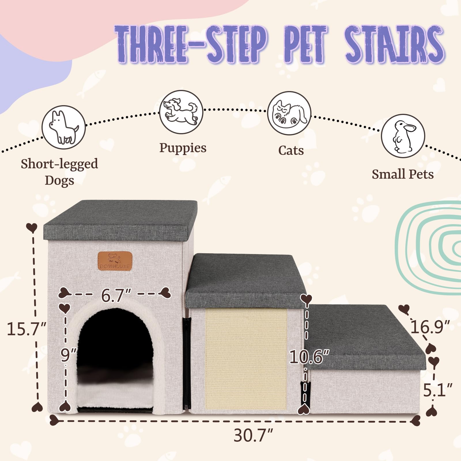 Downluxe Dog Stairs For Small Dogs, Foldable Dog Steps For Bed, Sofa And Chair, Non-Slip Pet Steps With Cat Scratcher And Condo