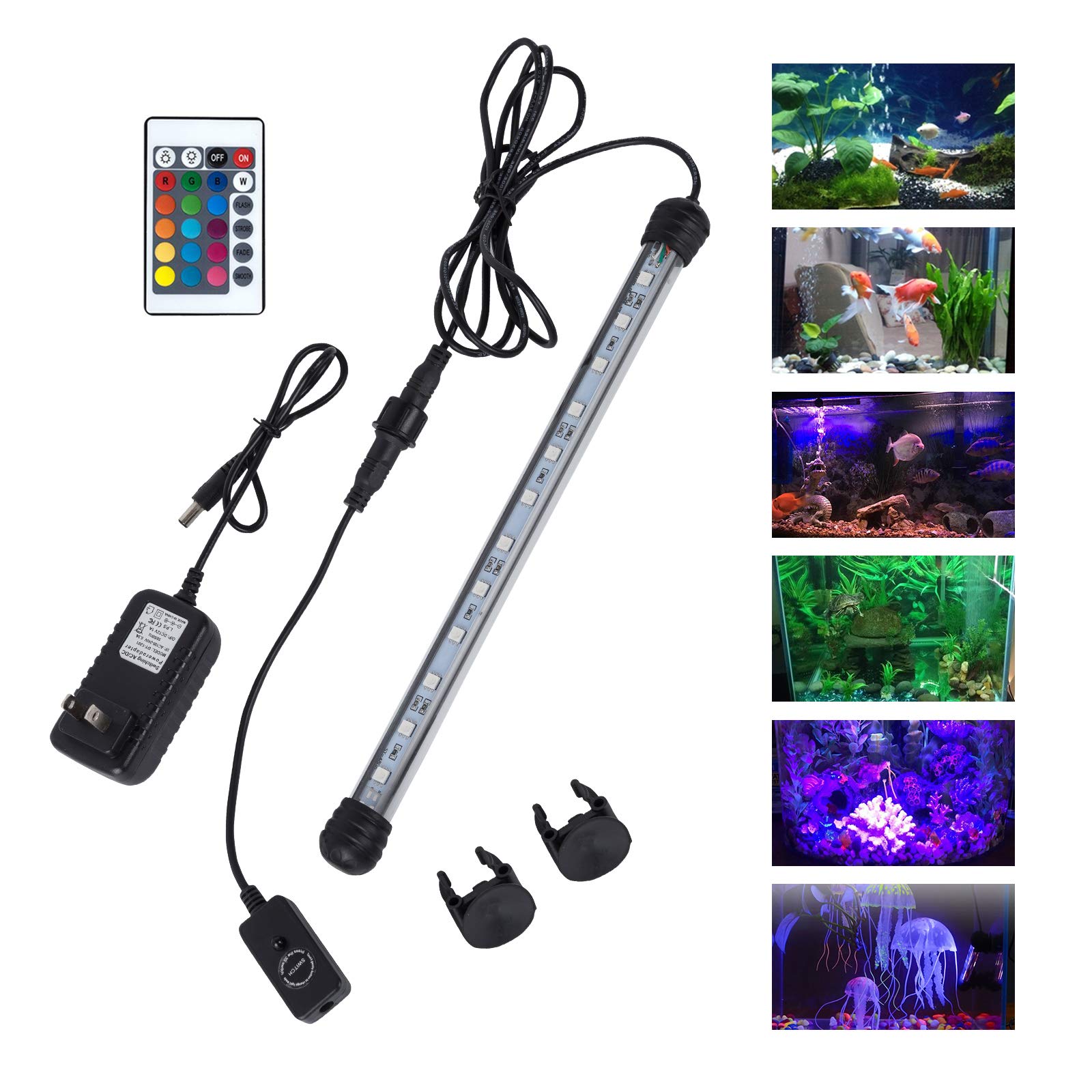 Mq 8 In Submersible Led Aquarium Light, 1.2W Color Changing Fish Tank Light With Remote Control, Ip68 Crystal Glass 9 Leds Lights Bar, For Fish Tank 10-15 Inch