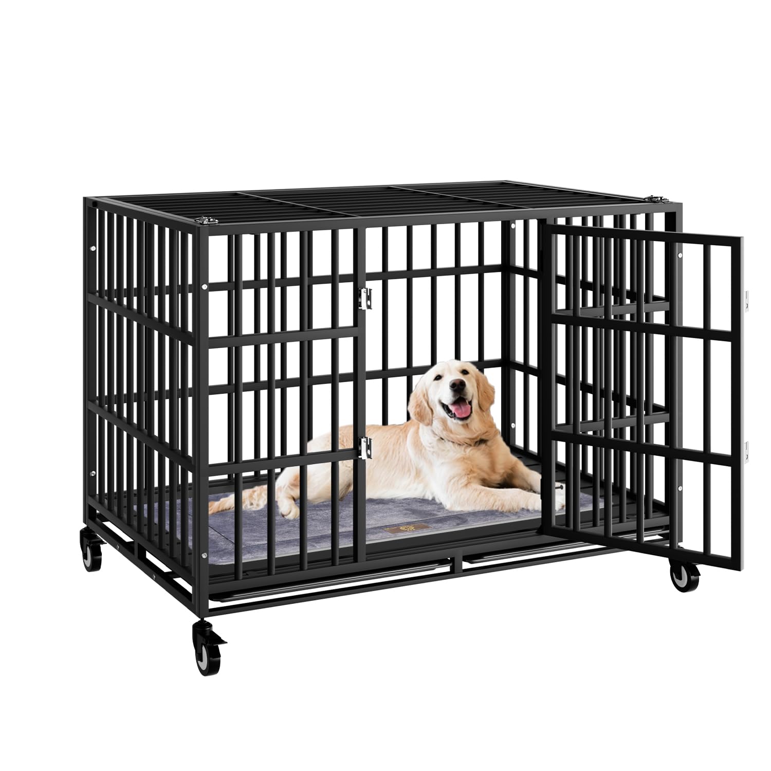 Snuowu 42 Inch Heavy Duty Dog Crate With Wheels,Indestructible Escape-Proof Dog Cage For Large Dogs, Extra Large Xl Xxl Indestru