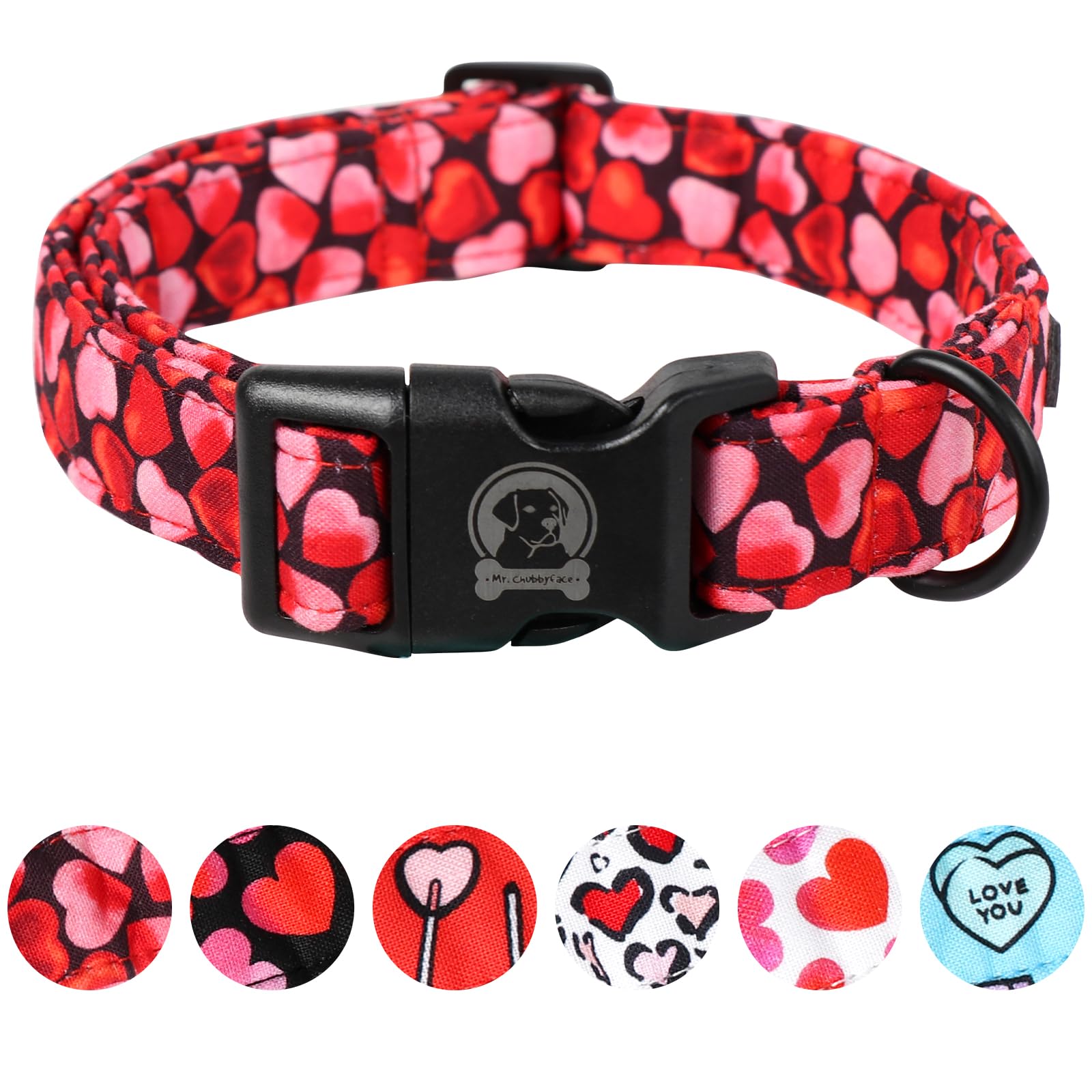 Mr. Chubbyface Valentines Dog Collar,Cute Pink Love Heart Cotton Puppy Collar, Adjustable Valentine Girl Female Male Pet Collars