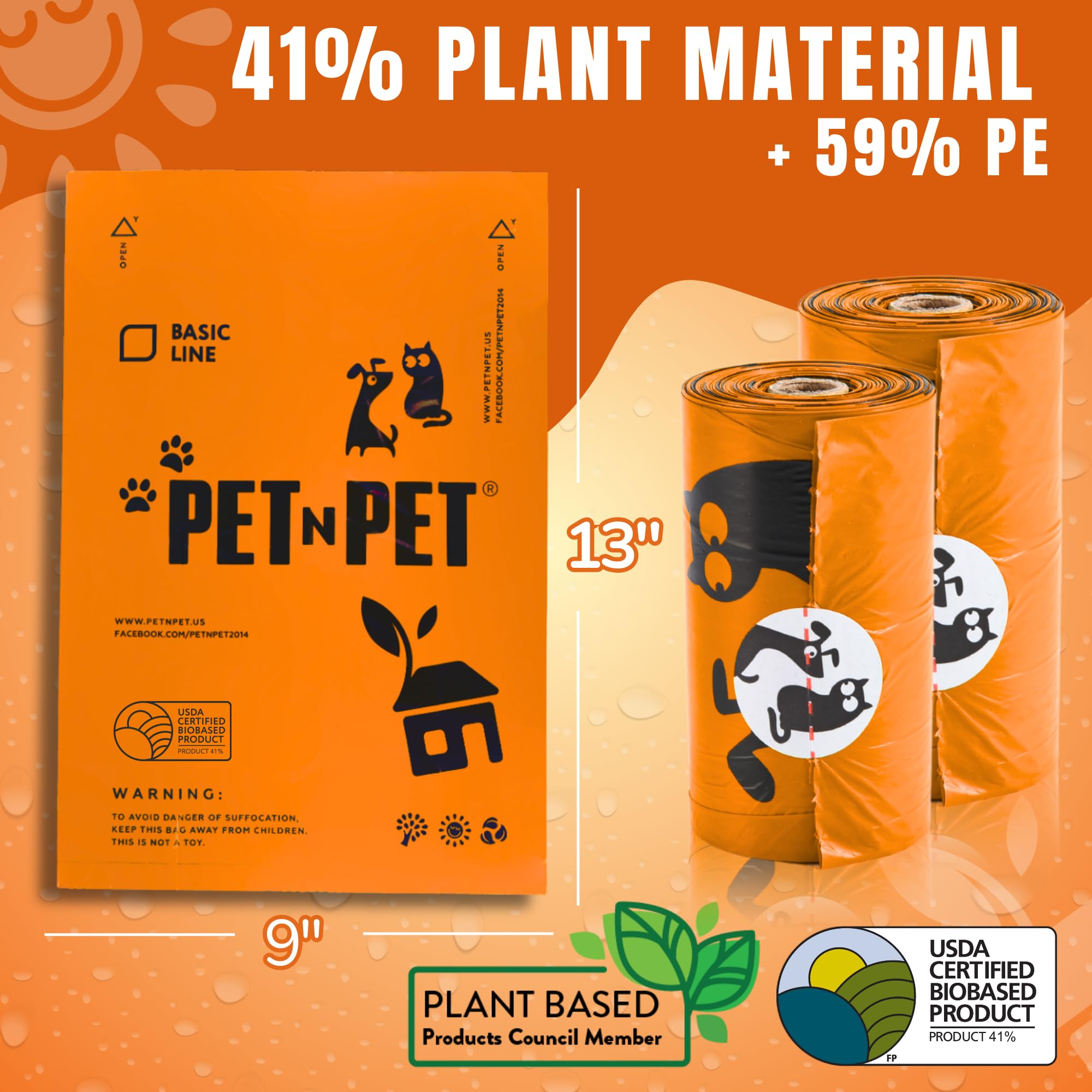 Pet N Pet 1080 Counts Orange Poop Bags For Dogs, 38% Plant Based & 62% Pe Extra Thick Dog Poop Bags Rolls, 9'' X 13'', Unscented