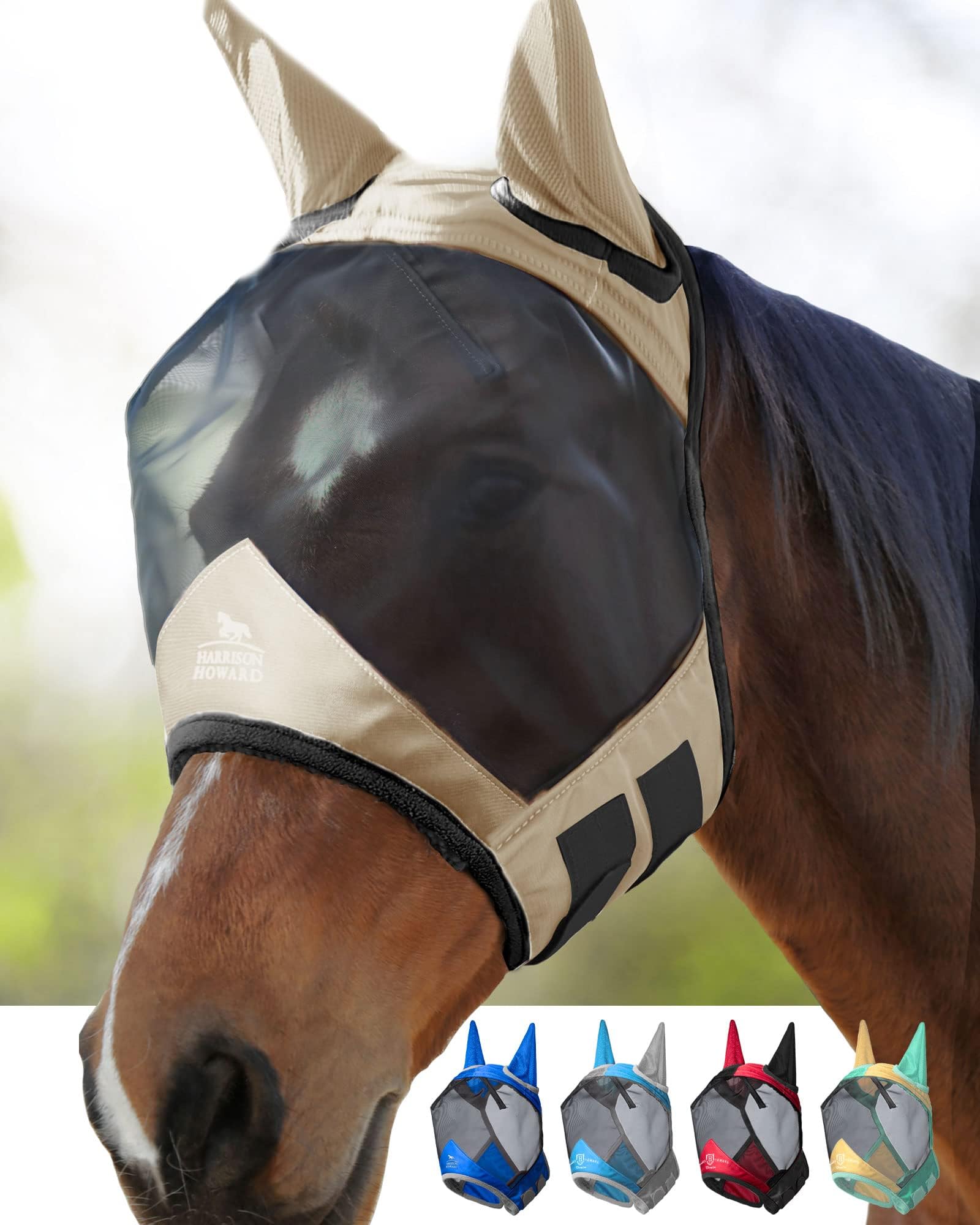 Harrison Howard Pro Luminous Horse Fly Mask Large Eye Space Standard with Ears UV Protection for Horse Light Champagne Small Pon