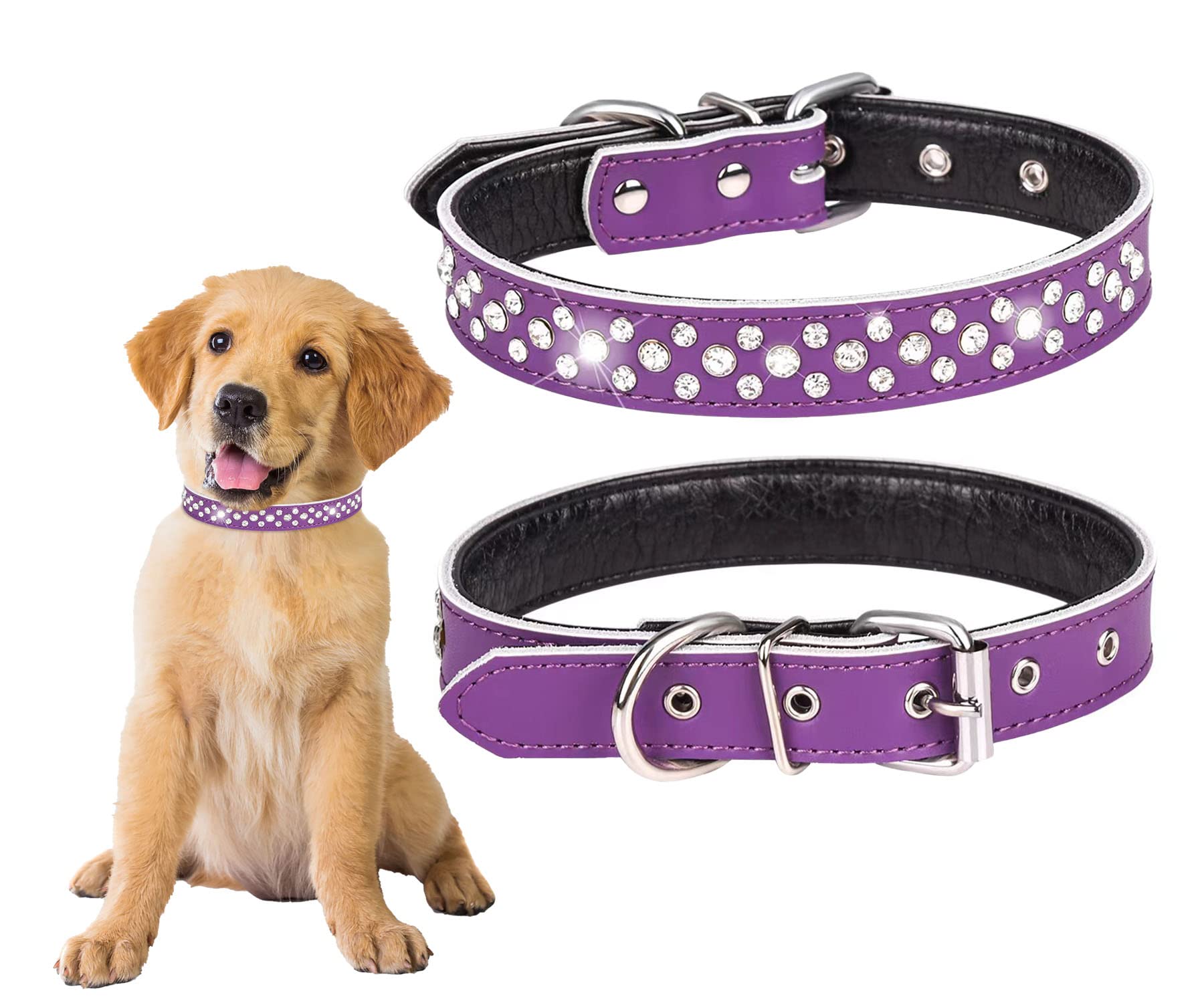 Btdcfy Rhinestones Pet Dog Collars Adjustable Sparkly Crystal Studded Genuine Leather Pet Collar For Small And Medium Dog 1' Wide (S(Neck 11-13'), Purple)