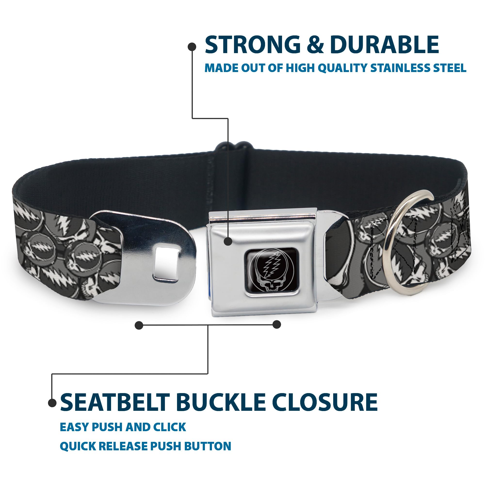 Buckle-Down Seatbelt Buckle Dog Collar - Steal Your Face Stacked Gray - 1.5 Wide - Fits 18-32 Neck - Large