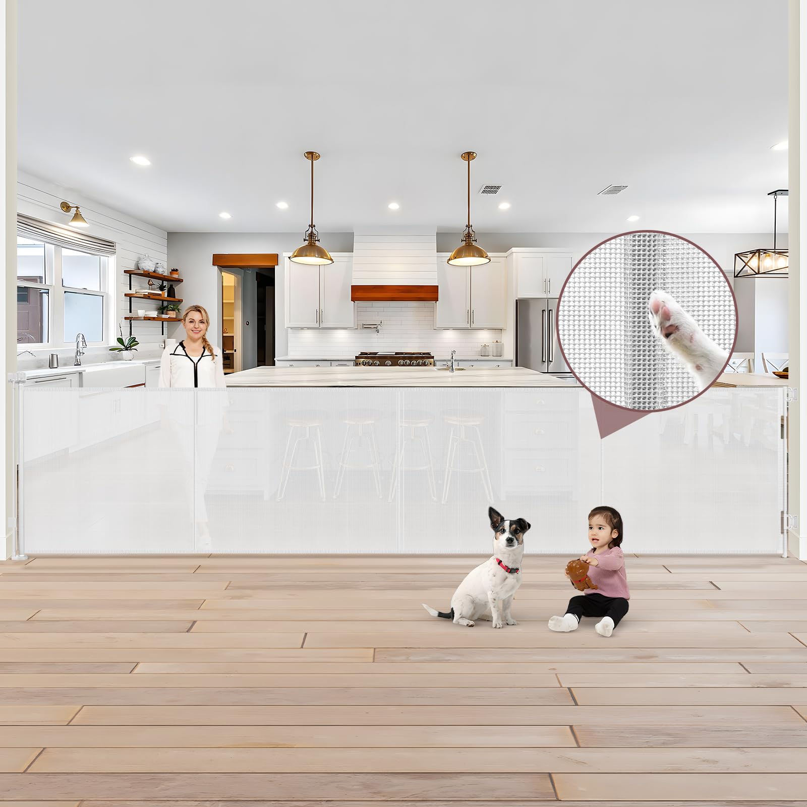 Reinforced 41 Inch Extra Tall Retractable Baby Gates 200 Inch Extra Wide Dog Gate with Support Rods, Indoor Dog Gates for The Ho