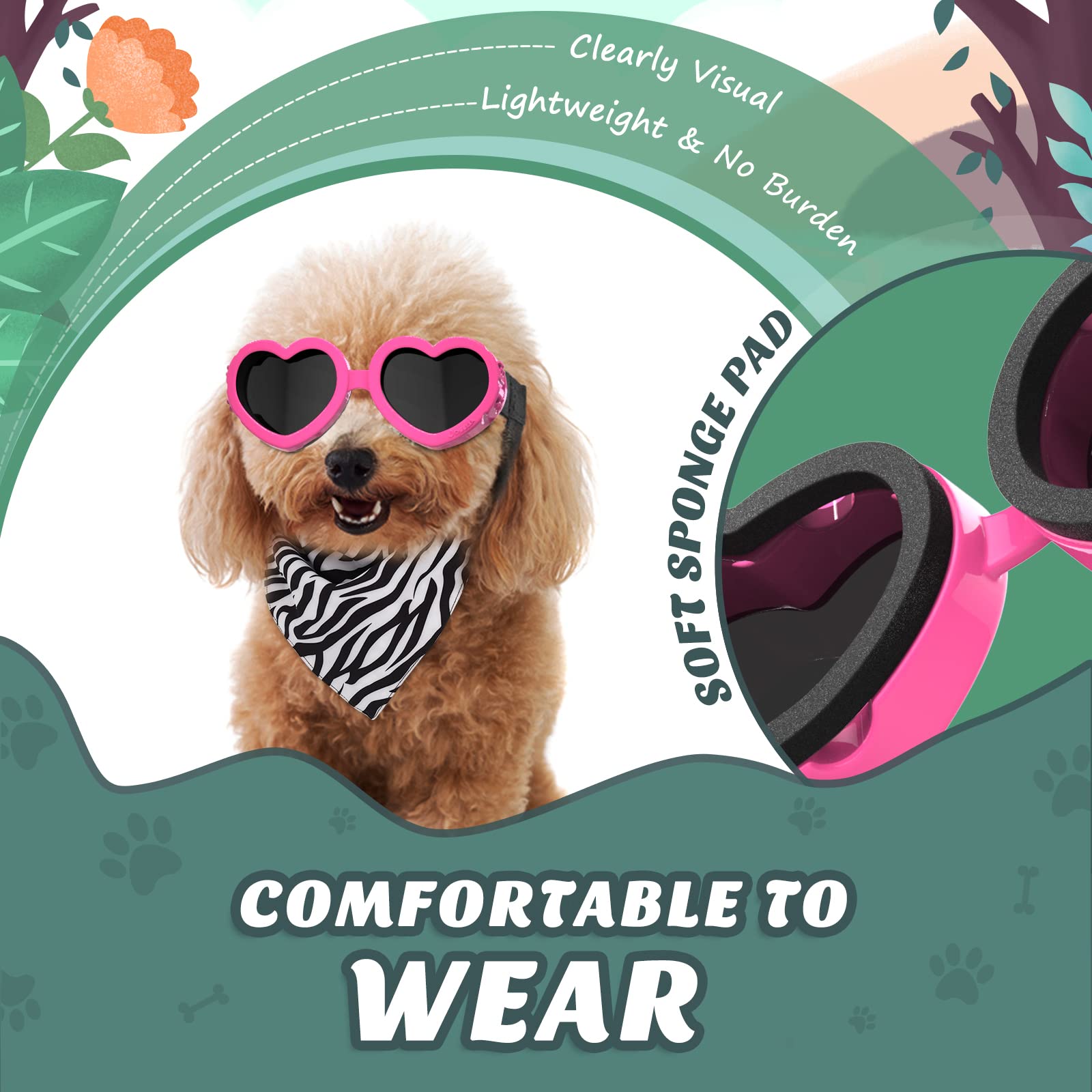 Lewondr Small Dog Sunglasses Uv Protection Goggles Eye Wear Protection With Adjustable Strap Doggy Heart Shape Anti-Fog Sunglasses For Pet Dogs Sun Glasses Doggie Windproof Glasses, Pink