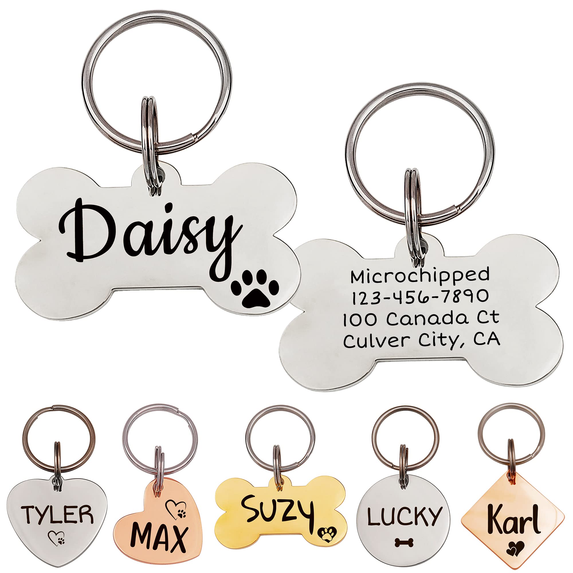 Anavia Pet Id Tags, Personalized Icon Name Dog Tag Cat Tag, Glossy Stainless Steel Color Plated Dog Collar Tag (Small, Bone Shap