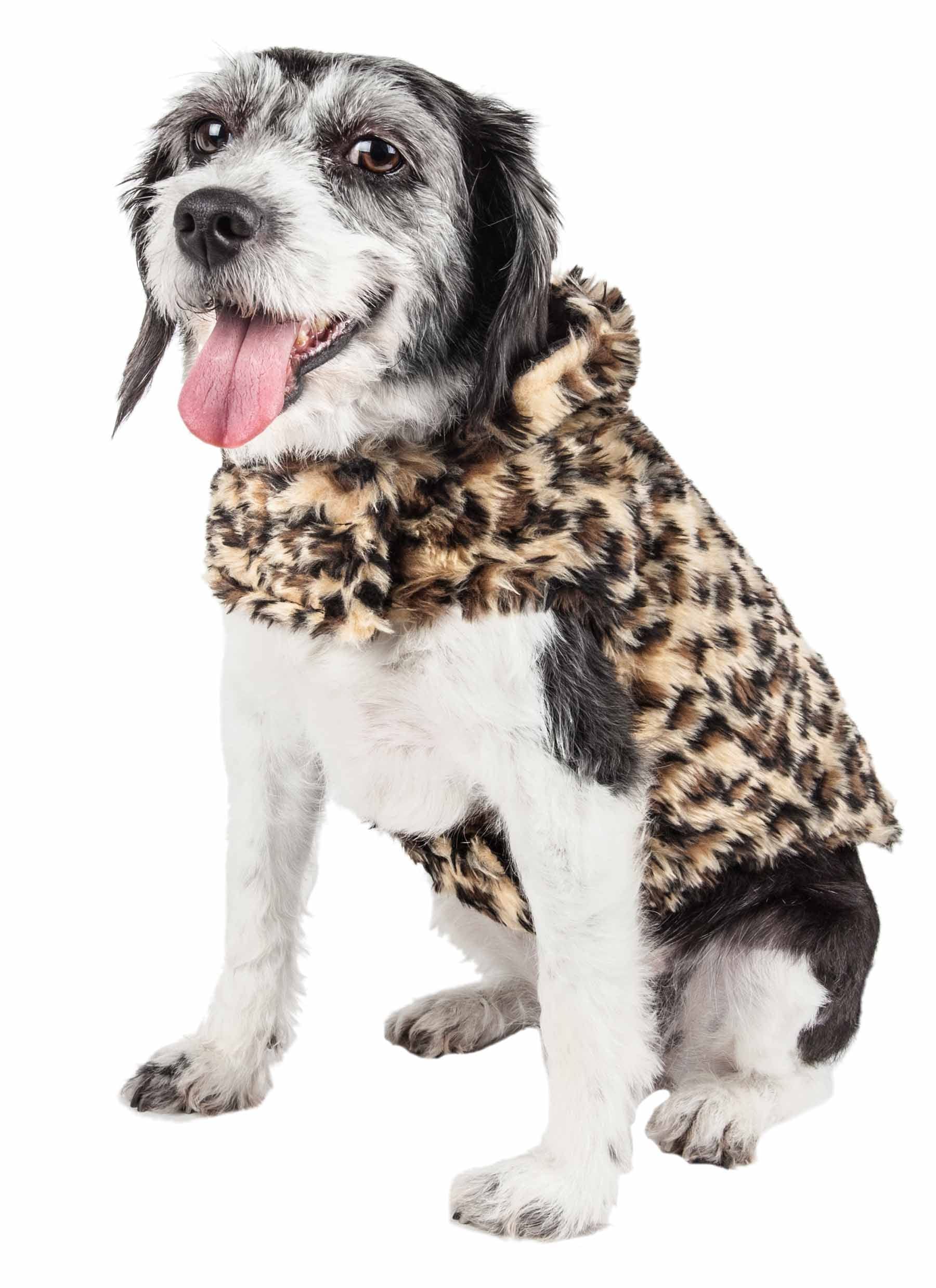 Pet Life ® Luxe 'Poocheetah' Ravishing Cheetah Patterned Mink Fur Dog Coat - Dog Jacket With Easy Hook-And-Loop Belly Enclosures - Winter Dog Coat For Small Medium Large Dog Clothes
