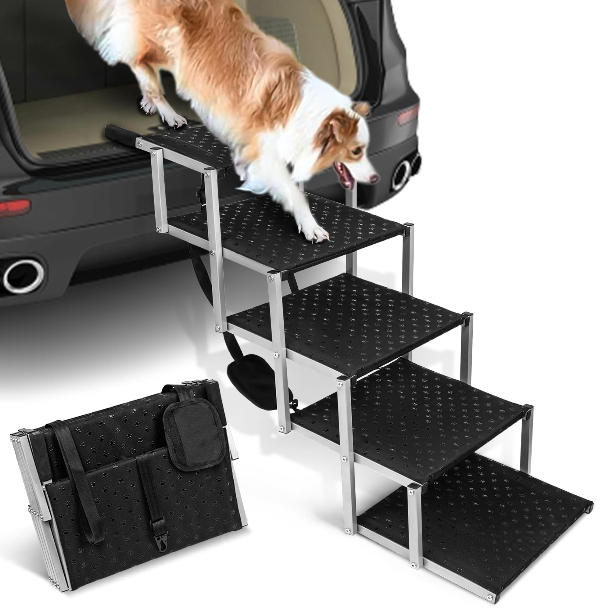 Niubya Portable Folding Dog Stairs For Cars, Suvs, Trucks - Lightweight Pet Ramp For Large Dogs With Non-Slip Surface - Reinforc