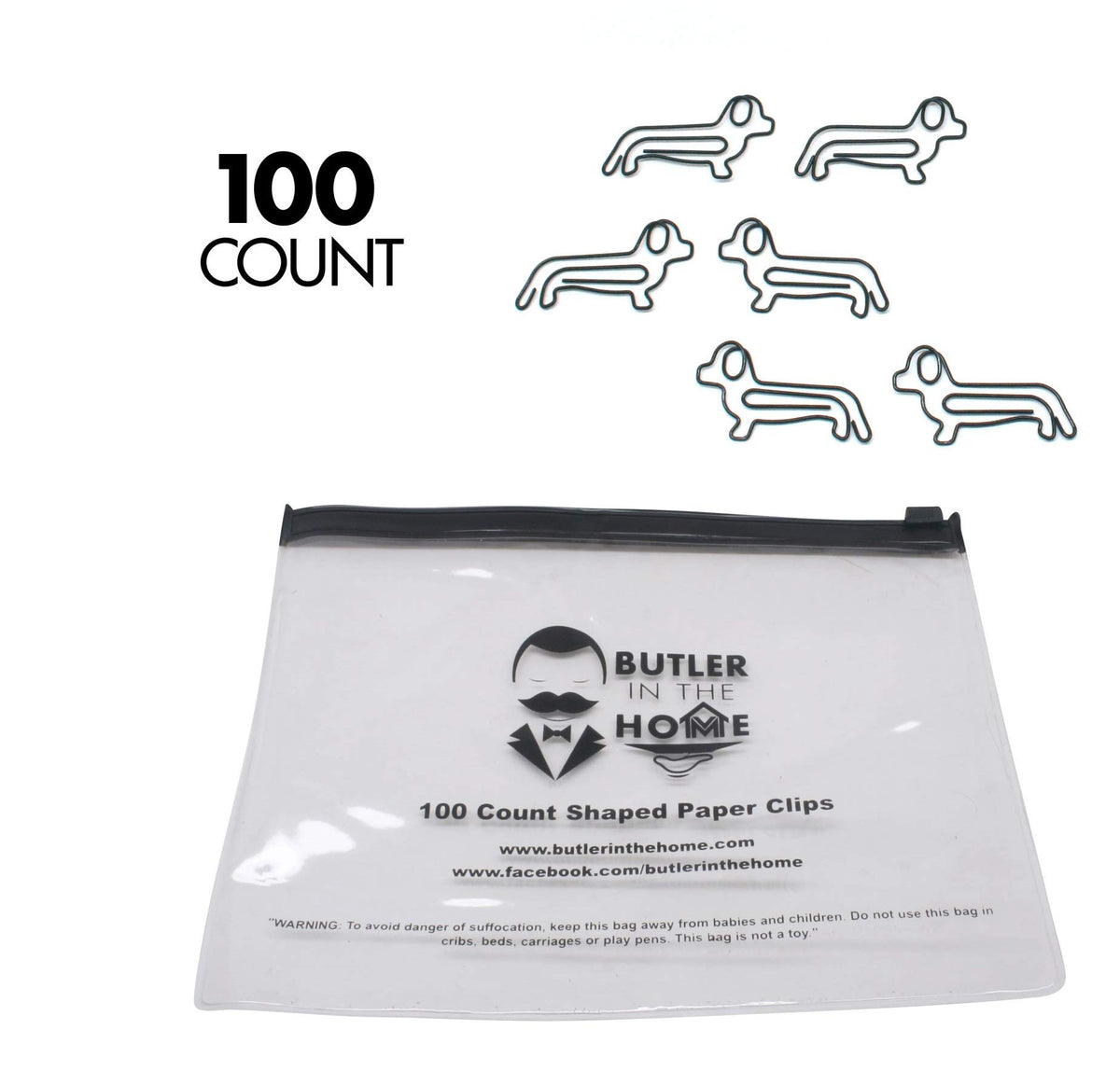 Butler In The Home Dog Dachshund Shaped Paper Clips Great For Paper Clip Collectors Or Dog And Pet Lovers (Black 100 Count Refill Bag (No Tin))