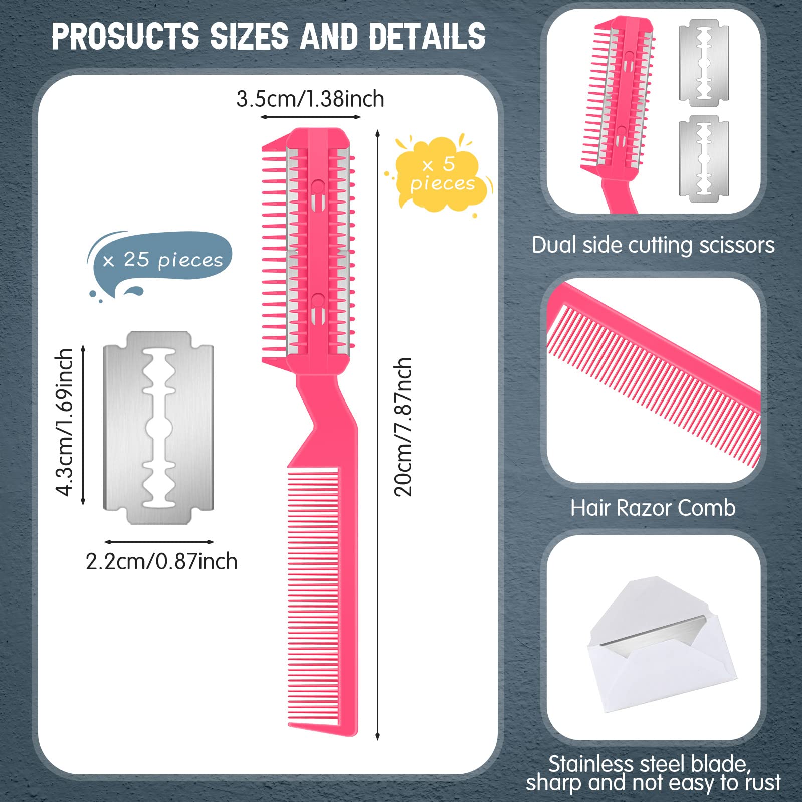 Yinkin 5-Piece Razor Comb For Dogs & Cats, Pink, Plastic & Stainless Steel, Small To Medium Dogs, 25 Extra Blades, Manual, Groom
