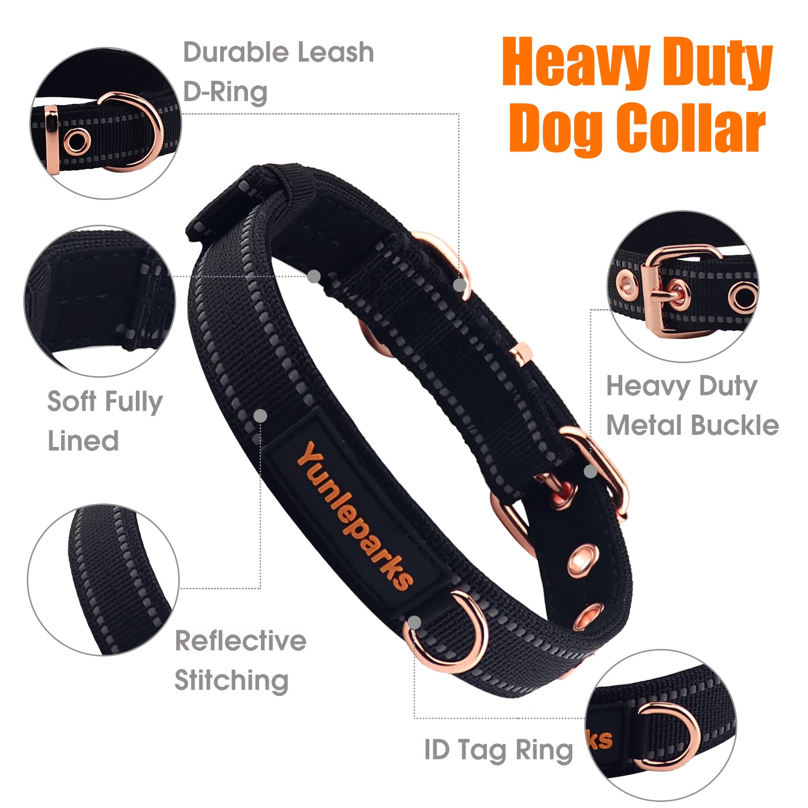 Yunleparks Neoprene Padded Dog Collar - Nylon, Heavy Duty With Metal Buckle for Small Medium Large Dogs - Adjustable Reflective