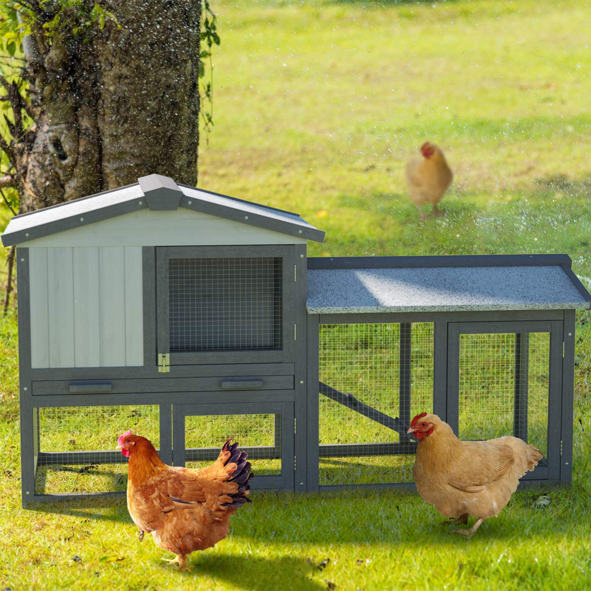 Tangkula Large Chicken Coop, 58 Wooden Hen House Outdoor Backyard Garden Bunny Rabbit Hutch with Ventilation Door, Removable Tra