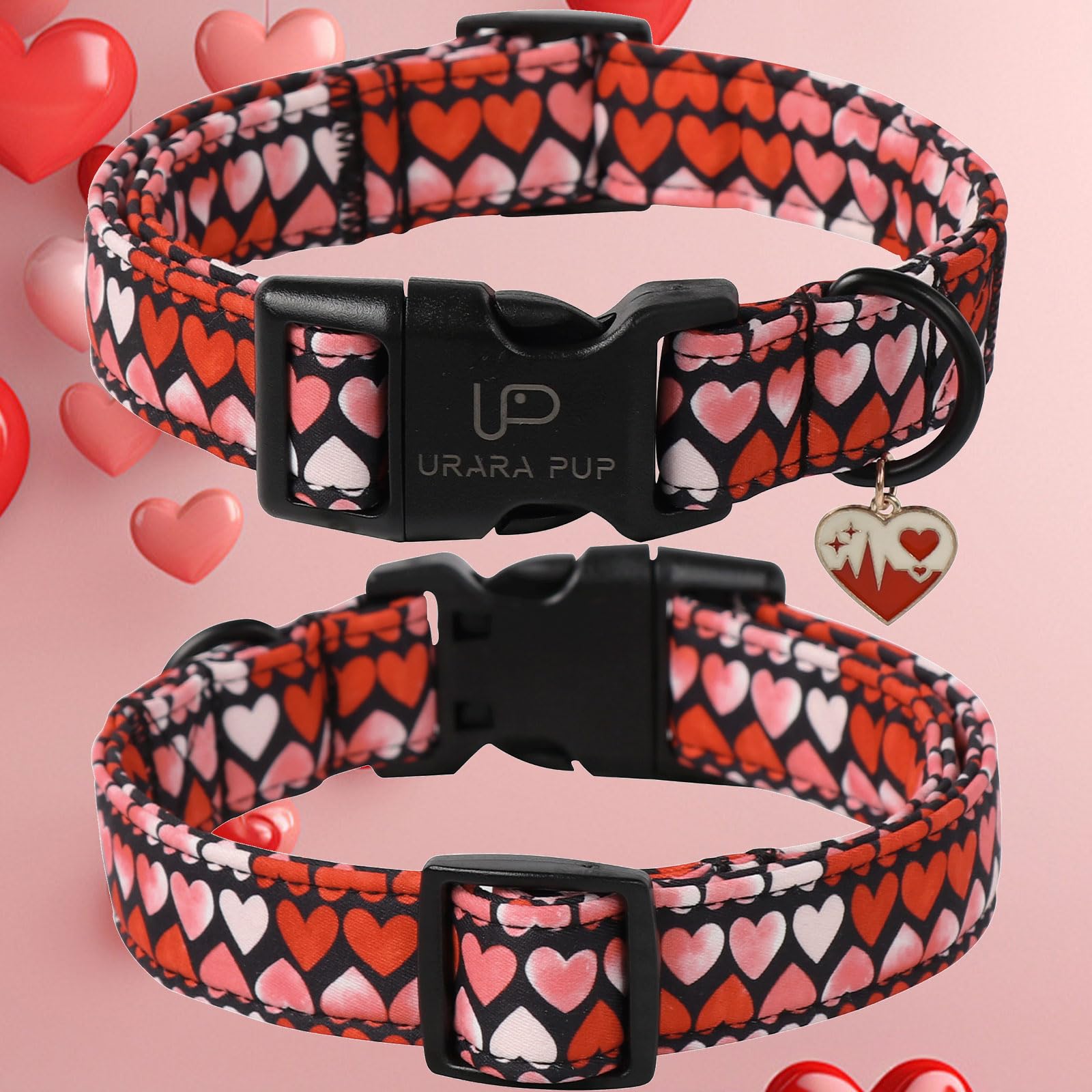 Up Urara Pup Valentines Dog Collar, Pink Heart Dog Collar With Quick Release, Sweet Valentines Gift Soft Cotton Collar Pet Girl
