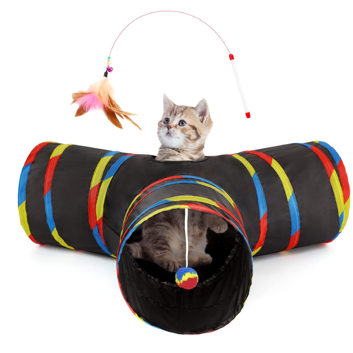 Tempcore Pet Cat Tunnel Tube Cat Toys 3 Way Collapsible, Cat Tunnels For Indoor Cats,Kitty Tunnel Bored Cat Pet Toys Peek Hole Toy Ball Cat, Puppy, Kitty, Kitten, Rabbit Black & Rainbow