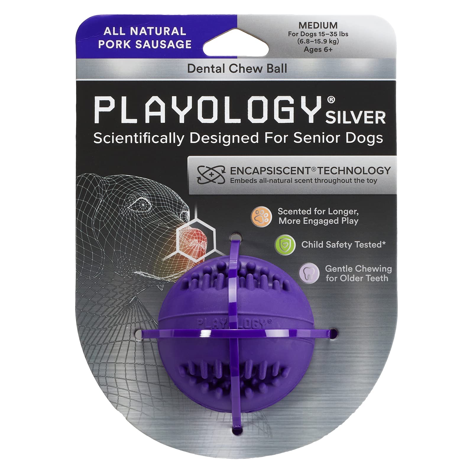 Playology Silver - Dental Chew Ball Dog Toy, Design For Medium Breed Senior Dogs (15-35Lbs) - Engaging All-Natural Pork Sausage Scent - Non-Toxic Materials And Moderate Chewing For Older Teeth