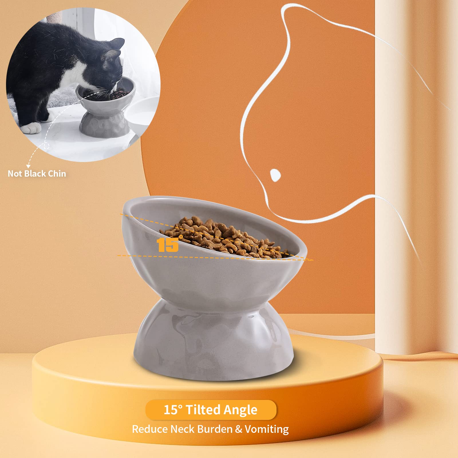 OMAYKEY Ceramic Raised Cat Bowls, Tilted Elevated Cat Food and Water Bowl Set, Porcelain Stress Free Pet Feeder Dish for Cats an