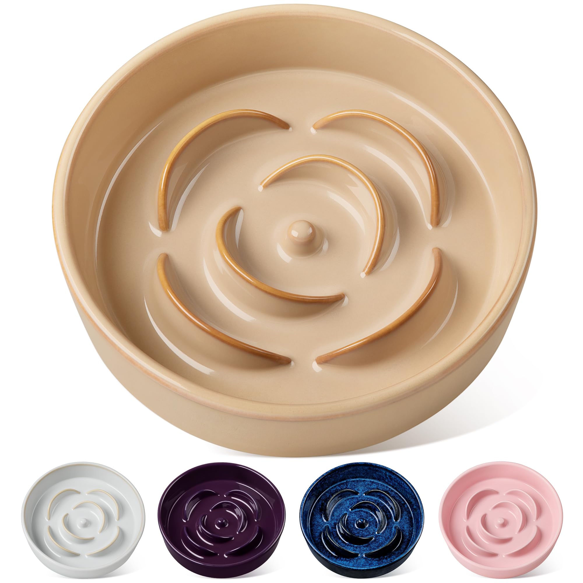 vancasso Slow Feeder Dog Bowl, 3 Cups Ceramic Slow Feeder for Large Breed, Puzzle Maze Dog Food Bowl for Fast Eater, Khaki