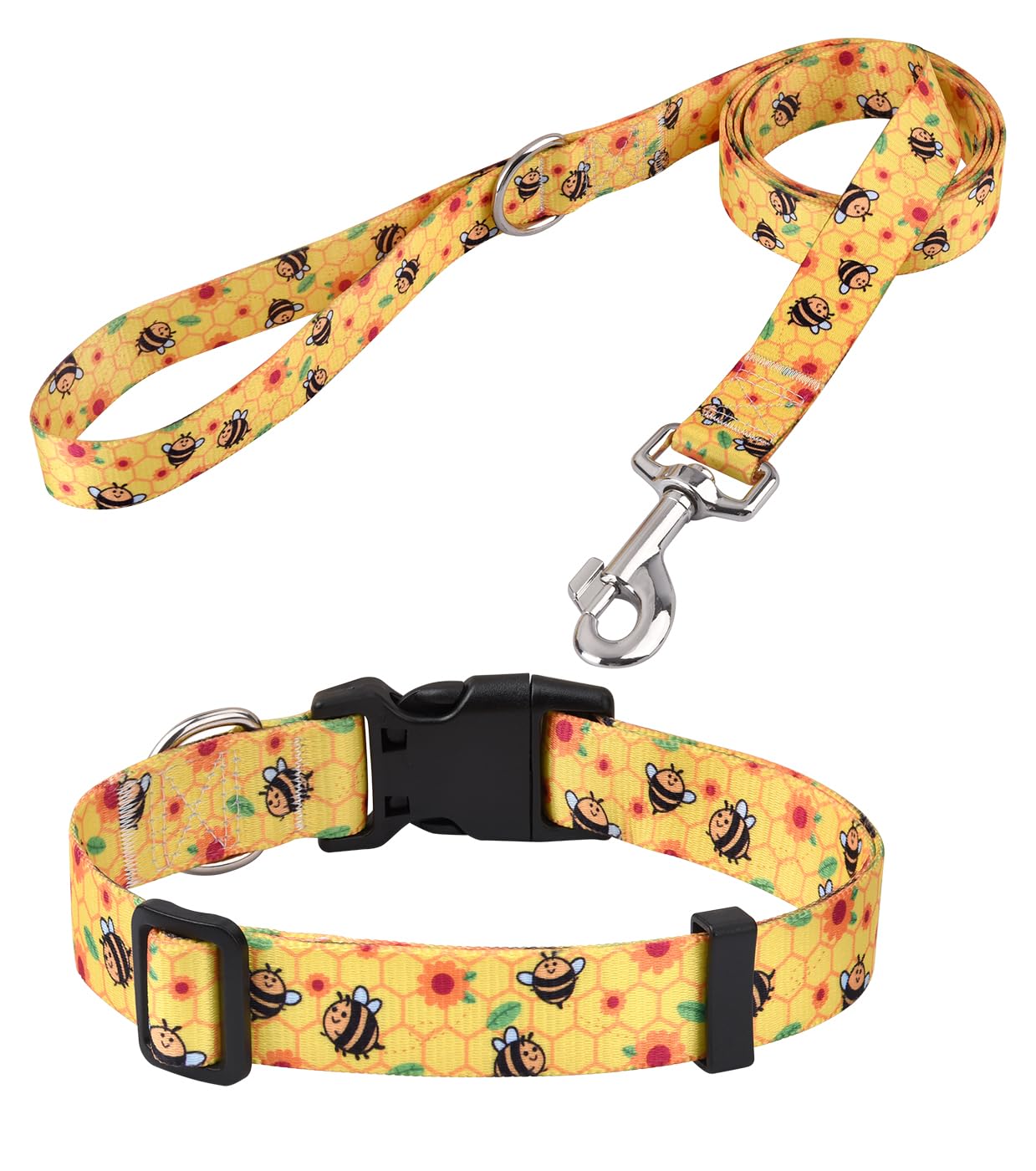 Mihqy Dog Collar And Leash Set With Bohemia Floral Tribal Geometric Patterns - Soft Ethnic Style Collar Adjustable For Small Medium Large Dogs(Bee Set,S)