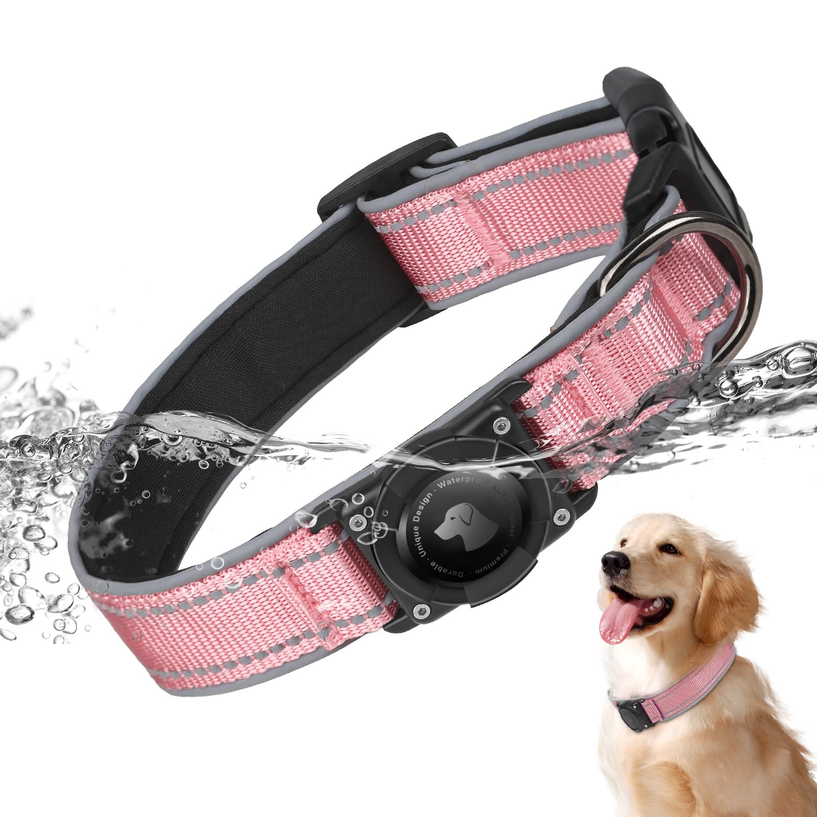 Upgraded AirTag Dog Collar, Collar with Thickened Airtag Holder IPX7 Waterproof, Enhanced Reflective, Soft Padded, Heavy-Duty Ap