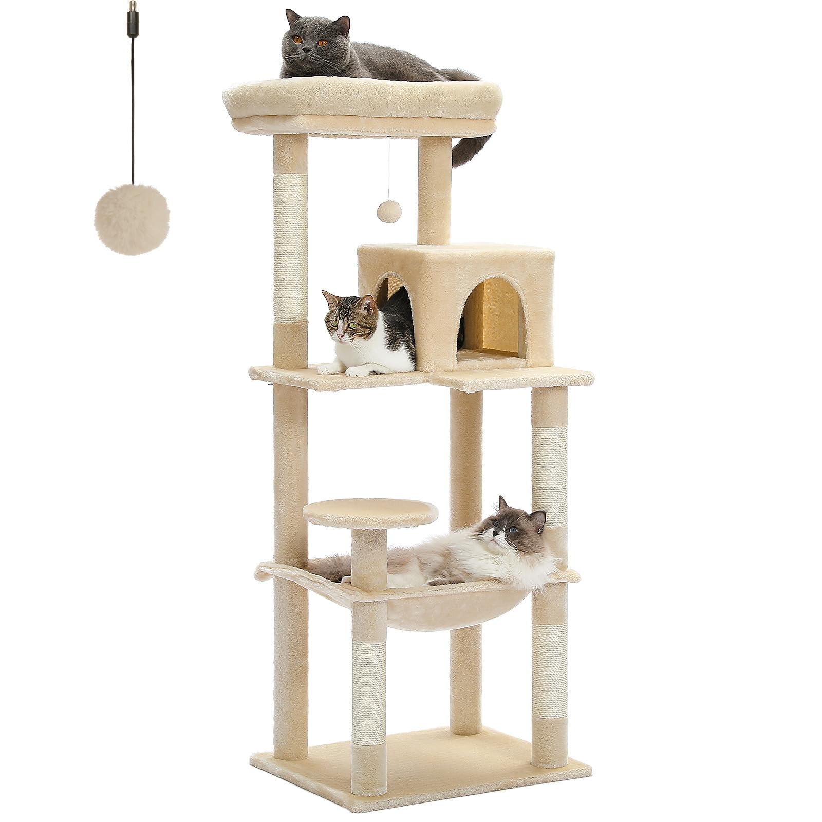 PETEPELA 56.3 Inches Multi-Level Cat Tree Cat Tower with Sisal Covered Scratching Posts, Comfort Condo, Extra Large Hammock and 