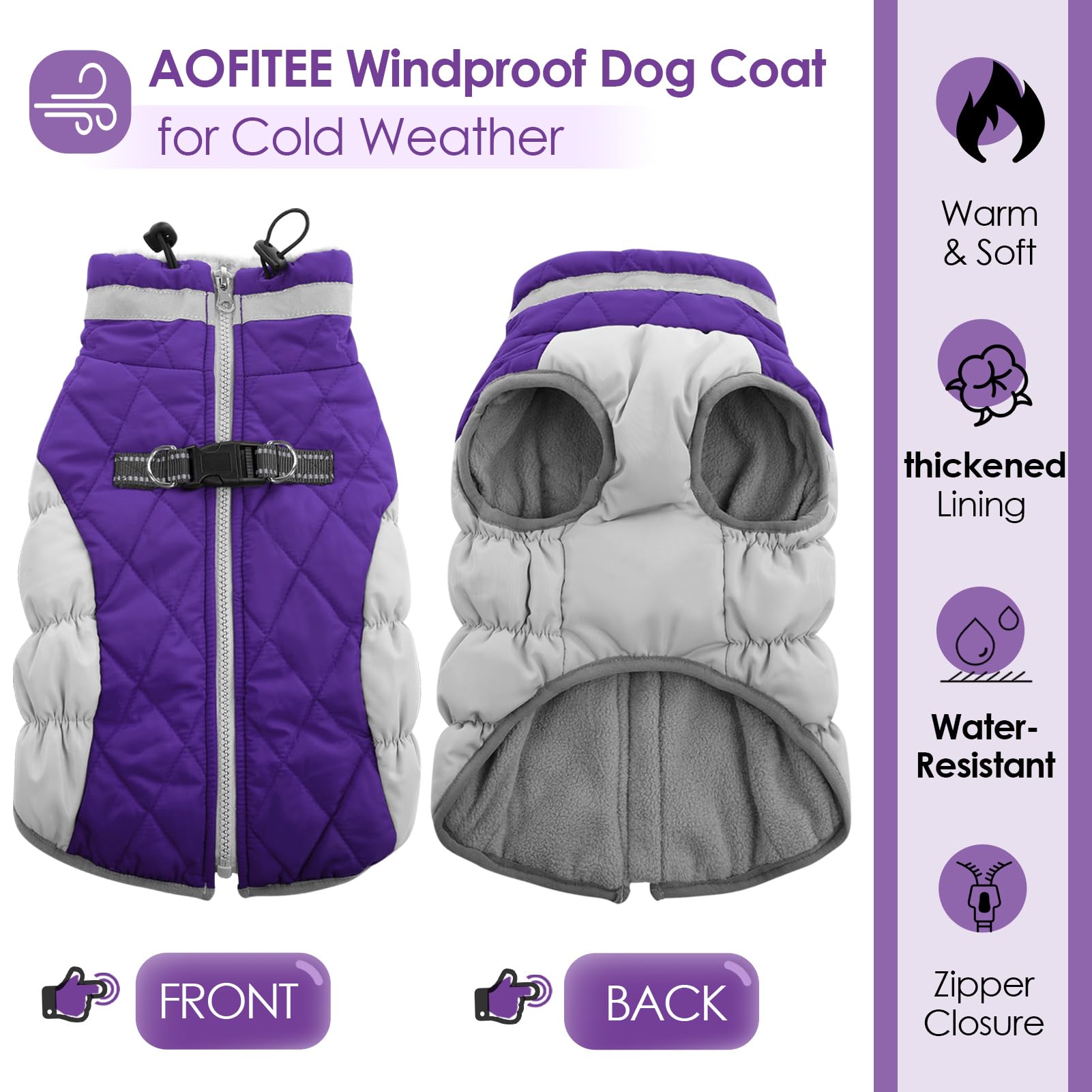 Aofitee Winter Dog Coat Warm Fleece Dog Jacket For Cold Weather, Reflective Zip Up Puppy Dog Sport Vest With Leash Rings, Outdoor Pet Sweater Apparel Clothes For Small Medium Large Dogs, Purple Xs