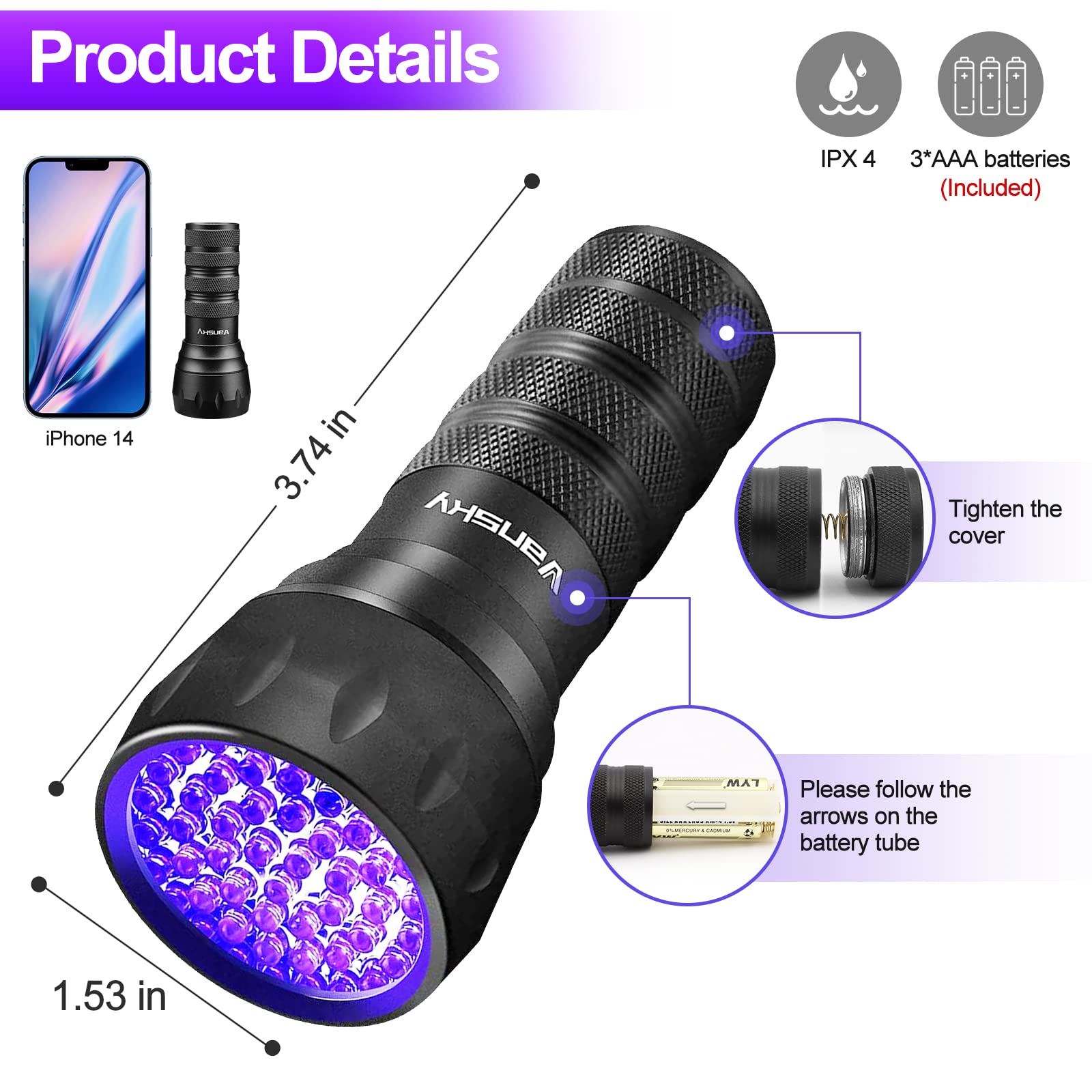 Black Light Uv Light Flashlight, 21 Led 395Nm Ultraviolet Blacklight Flashlight Mini Pet Urine Detector For Dog/Cat, Dry Stains, Resin Curing, Matching With Pet Odor Eliminator(Batteries Are Included)