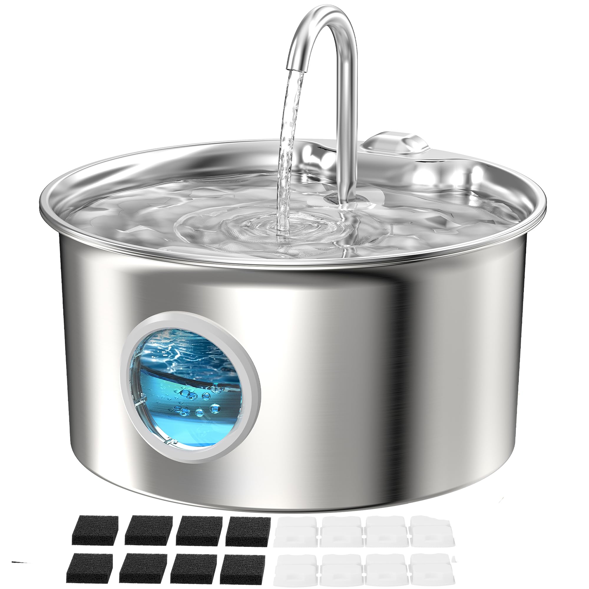 Pet Water Fountain Stainless Steel: Mental Cat Water Fountains with 8 Filters + 8 Sponges - 88oz/2.6L Noiseless Cats Waterer Bow