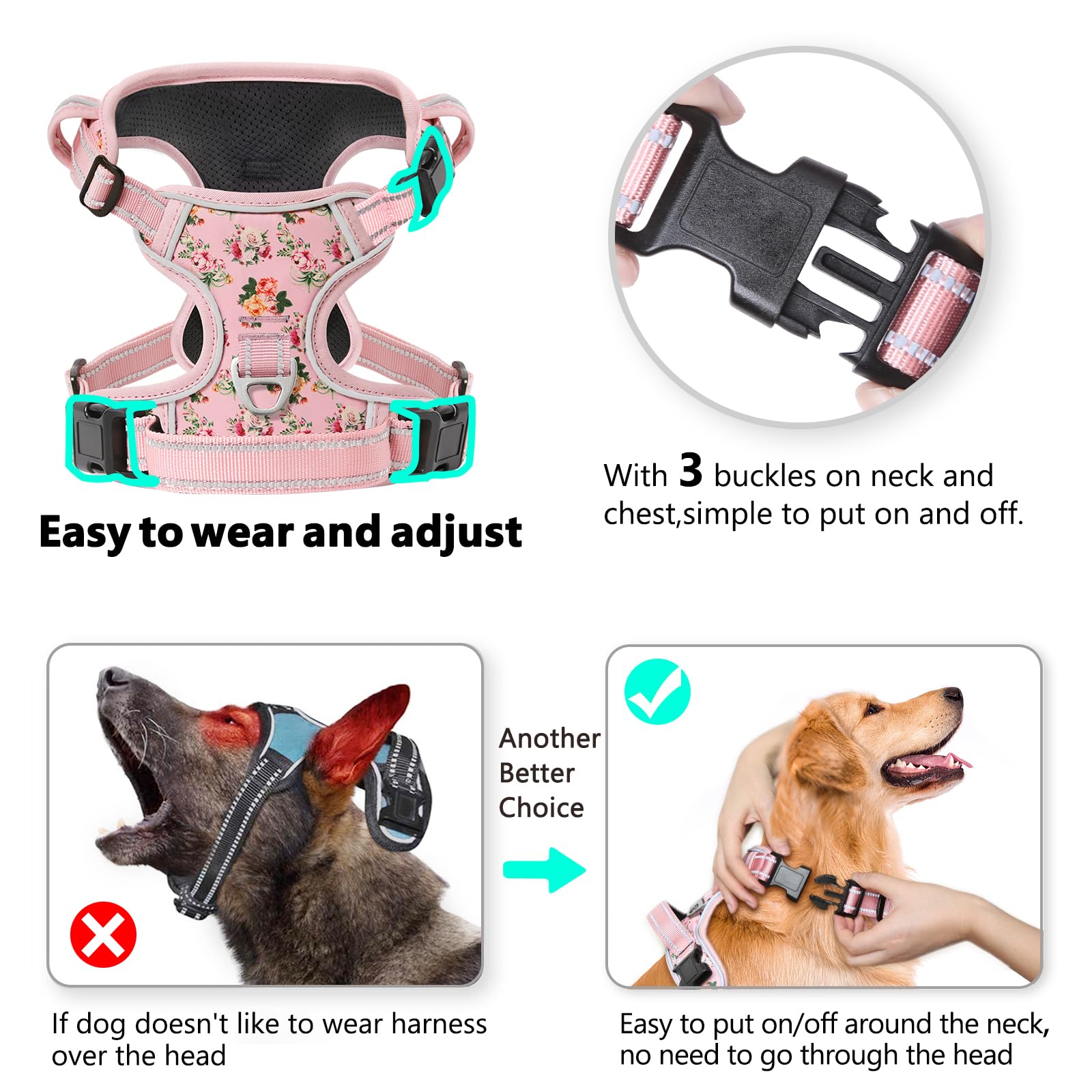 Timos Dog Harness, No-Pull Pet Harness with 2 Leash Clips, 3 Snap Buckles Adjustable Soft Padded Dog Vest, Reflective No-Choke P