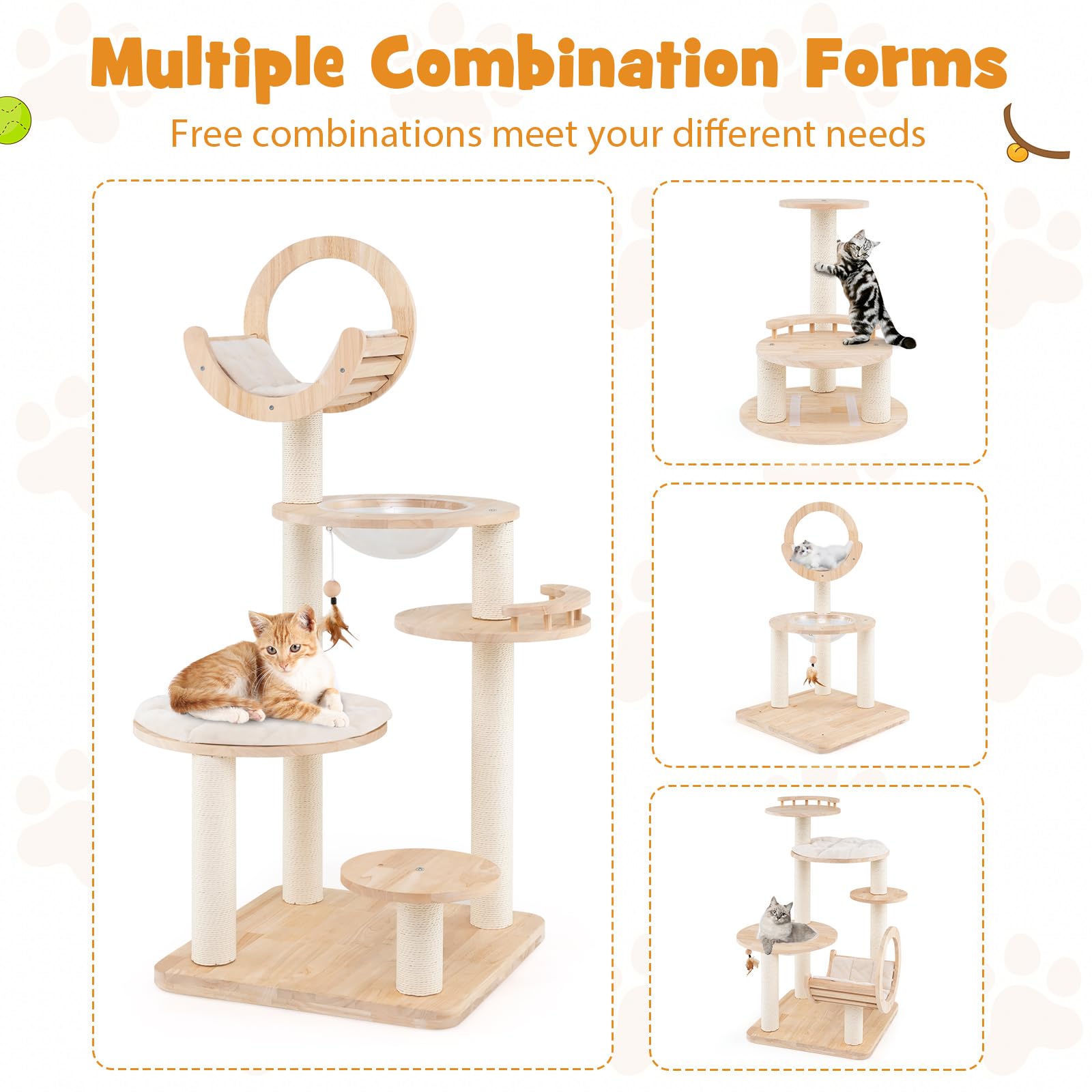 Tangkula Solid Wood Cat Tree, 4-In-1 Building Block Large Cat Tower With Space Capsule Nest, Scratching Posts, Padded Platform,
