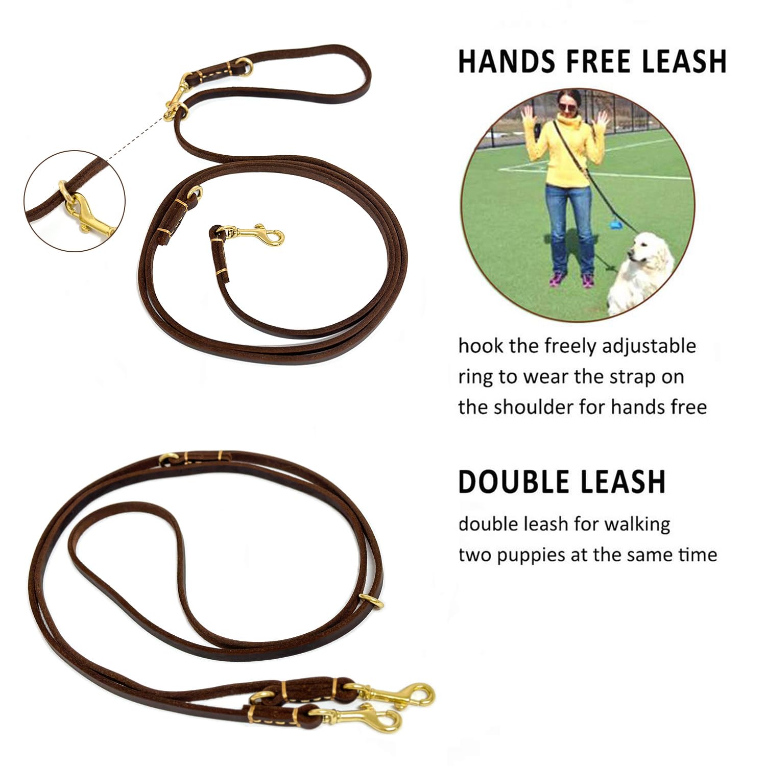 Multi Function 8ft Genuine Leather Hands Free Dog Training Leash for Puppy Small and Medium Dogs (8 Foot*3/8 inch, Brown)