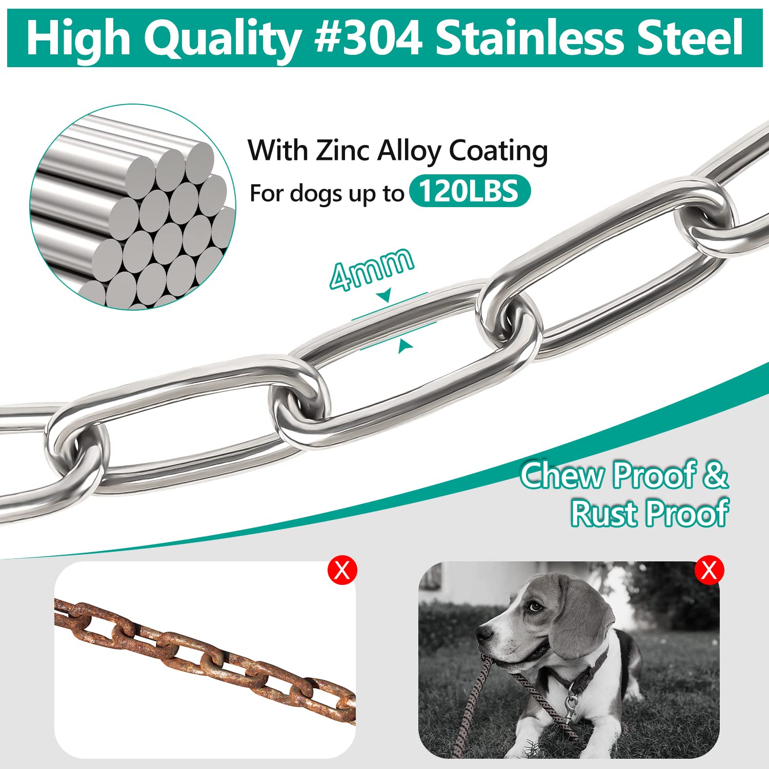 Tresbro Heavy Duty Dog Chains For Outside, 15Ft Stainless Steel Tie Out Cable With Swivel Hook For Large Medium Dogs, Metal Chew