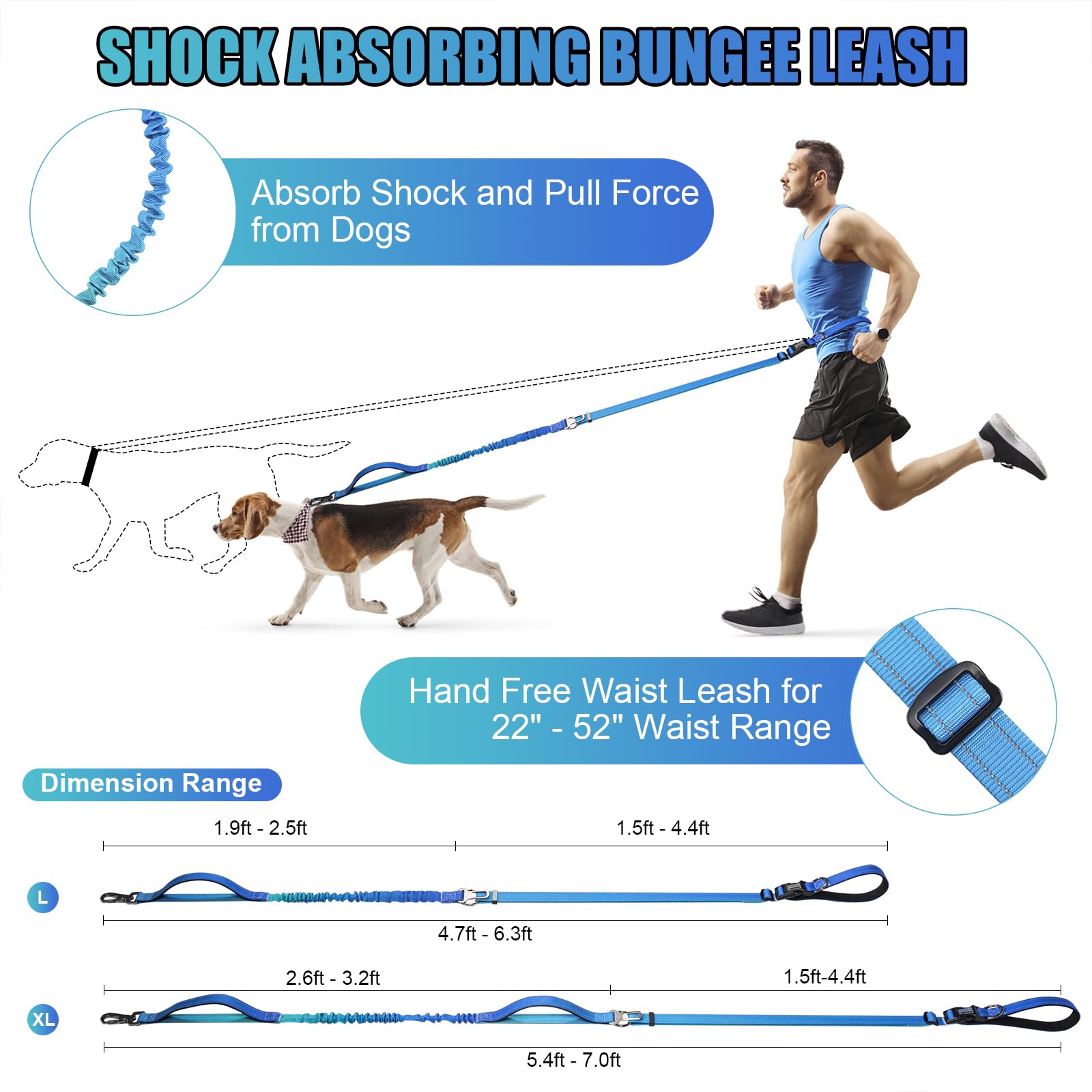 Jetog Heavy Duty Hands Free Dog Leash, 4-6 Ft Reflective Adjustable Waist Dog Leash Belt With Padded Handles, Shock Absorbing Bu