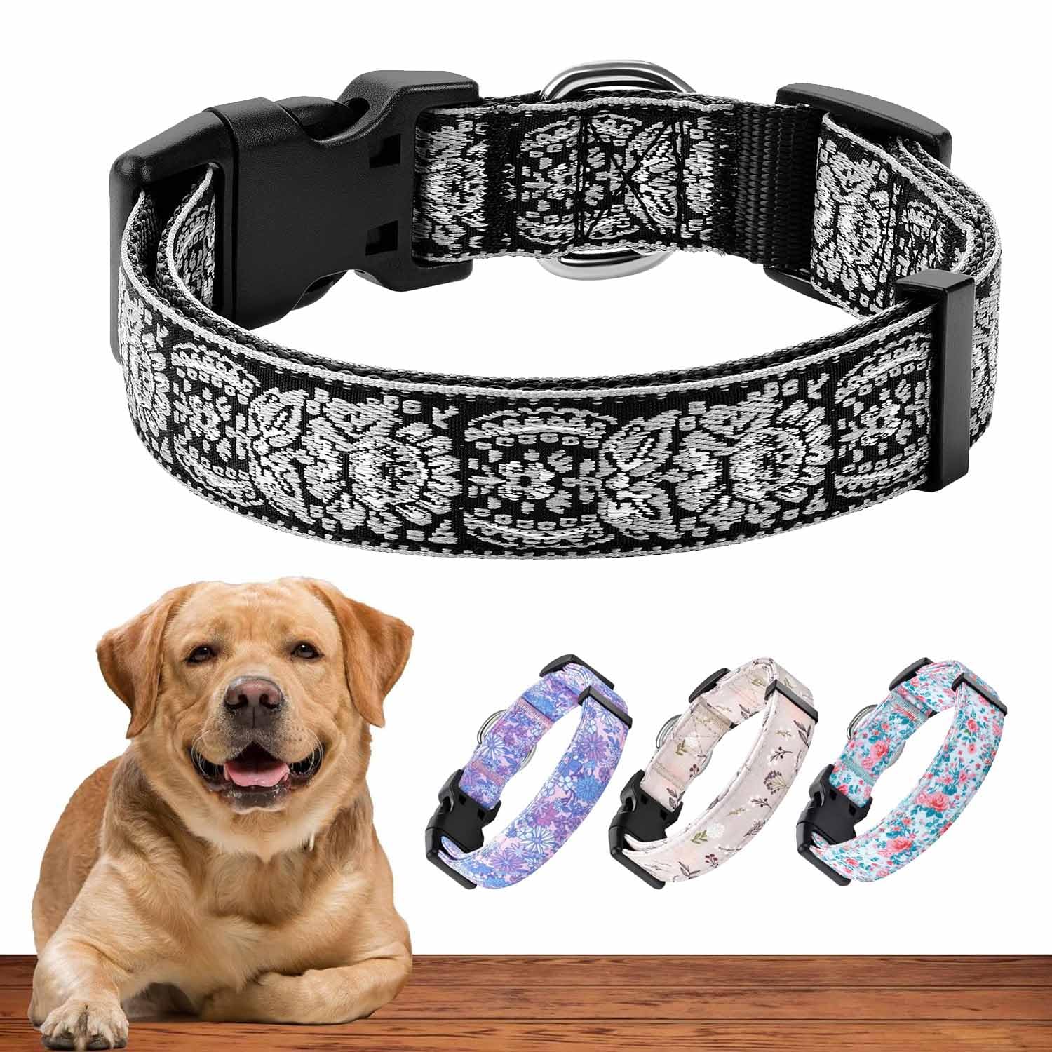 Dog Collar For Medium & Large - Black Silver Woven Pattern On Long Lasting, Adjustable, Strong And Durable Collars For Dogs - Ch