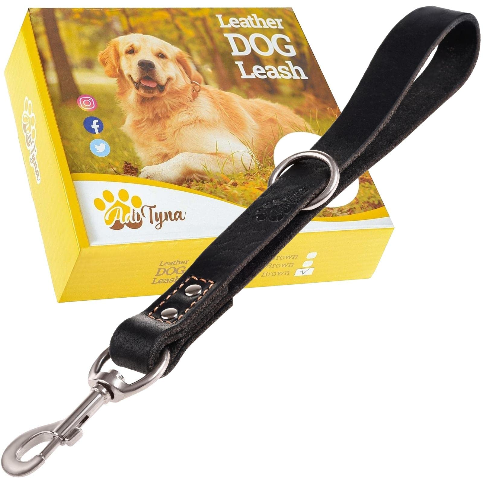 Adityna Short Leather Dog Leash 12' Length X 1' Wide - Traffic Dog Leash For Medium, Large And Extra-Large Breeds