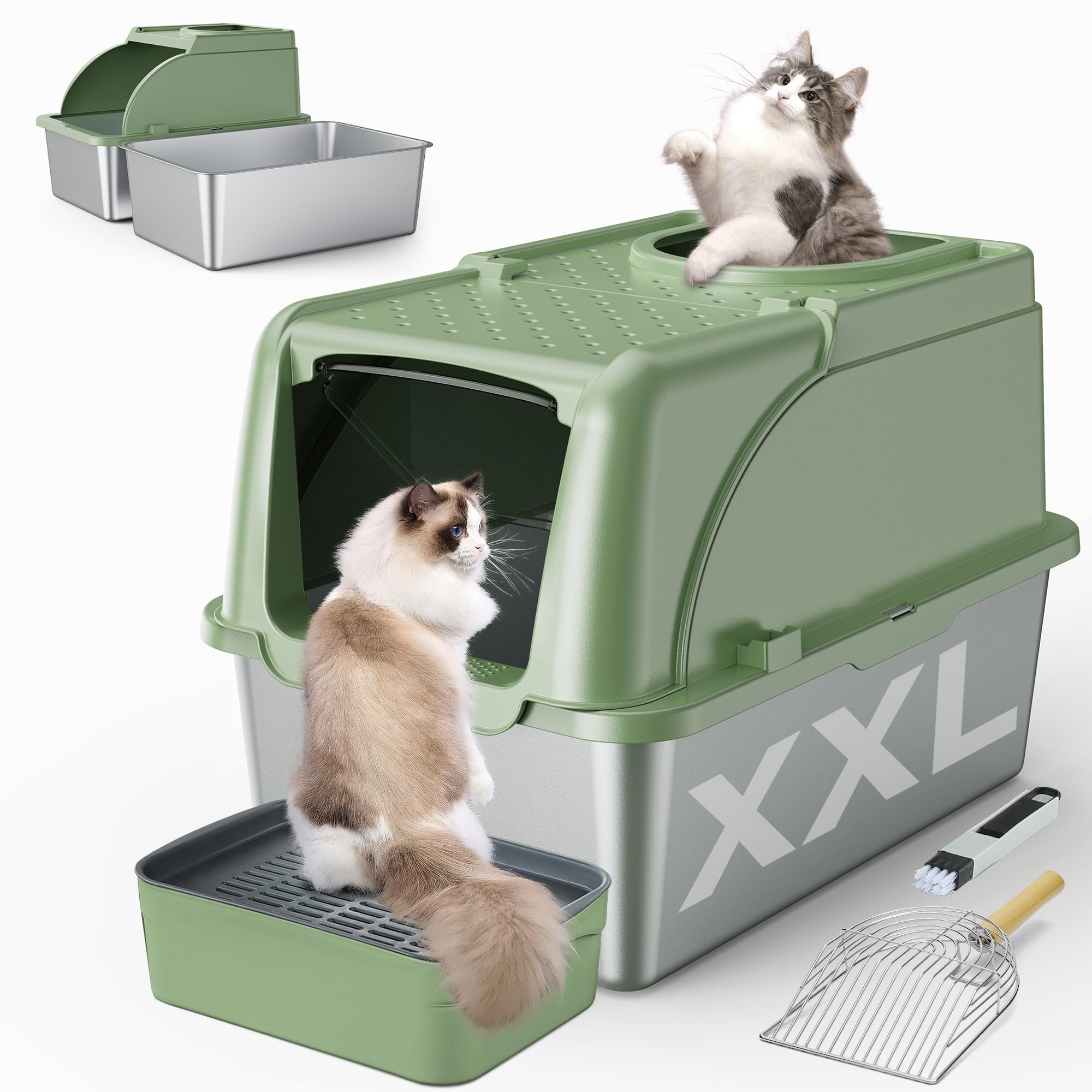 Stainless Steel Litter Box, XXL Large Metal Cat Litter Boxes, Dual Entrance Detachable Litter Box with Lid, 16.6 High Wall Uri