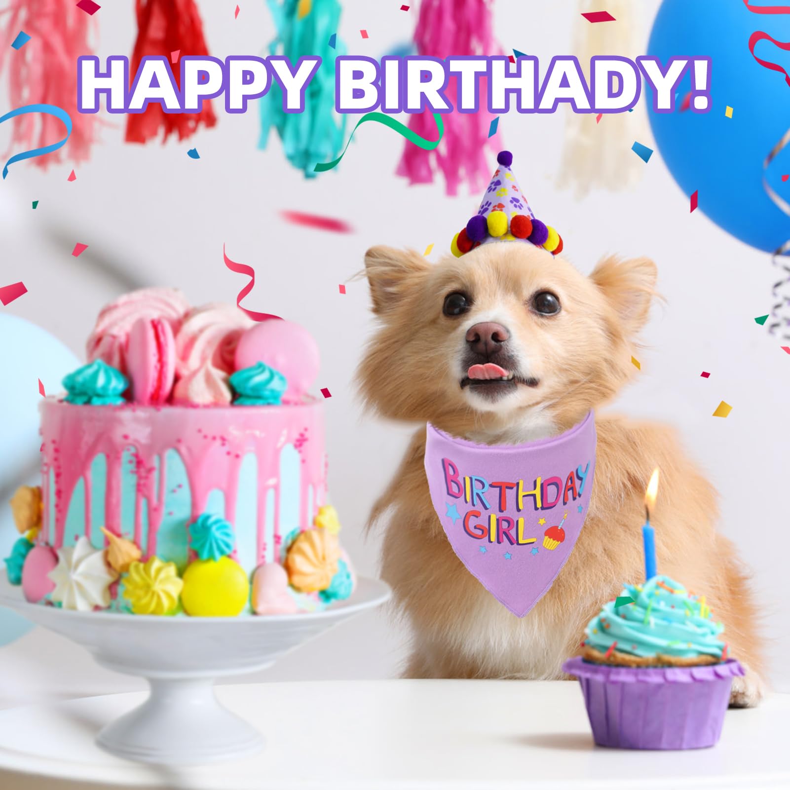 PUPTECK Dog Birthday Bandana Scarf with Cute Doggy Party Hat, Costume Decorations Supplies for Small Medium Large Dogs Boy Girl