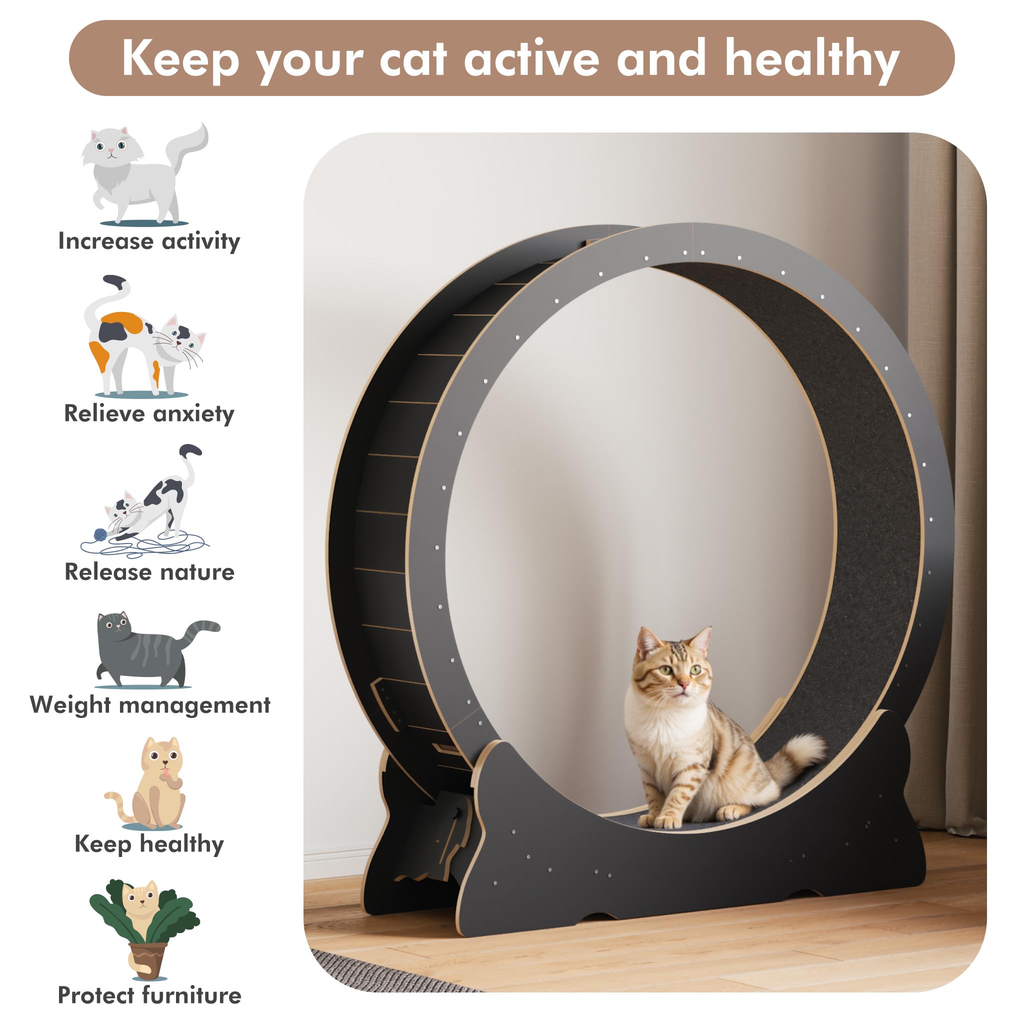Mondeer Cat Exercise Wheel, 43.3 Inch Cat Wheel For Indoor Cats With Carpeted Runway, Xl Cat Treadmill With Removable Carpet And