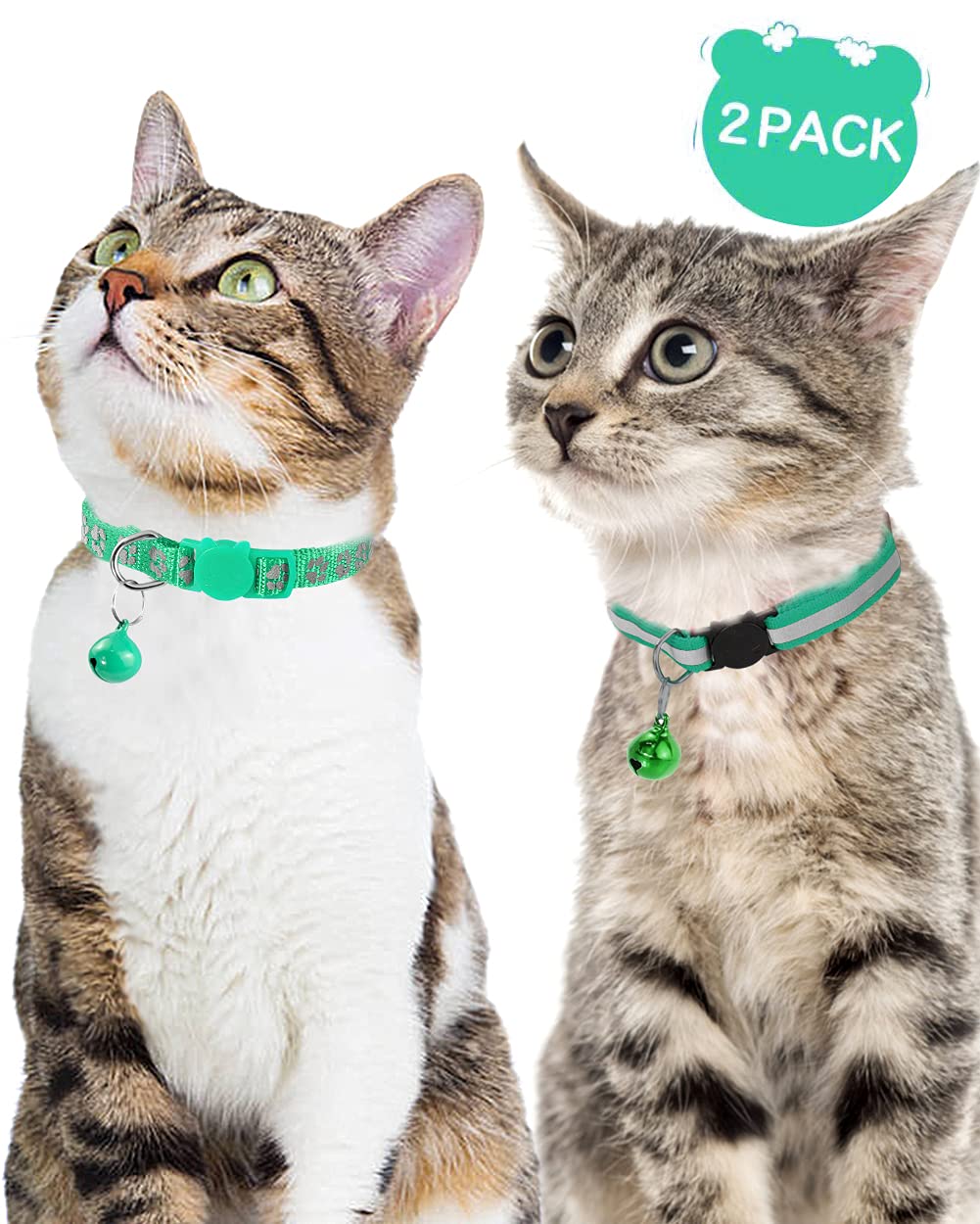 Taglory Reflective Cat Collars Breakaway With Bell, 2 Pack Girl Boy Pet Kitten Collar Adjustable 7.5-12.5 Inch, Turquoise