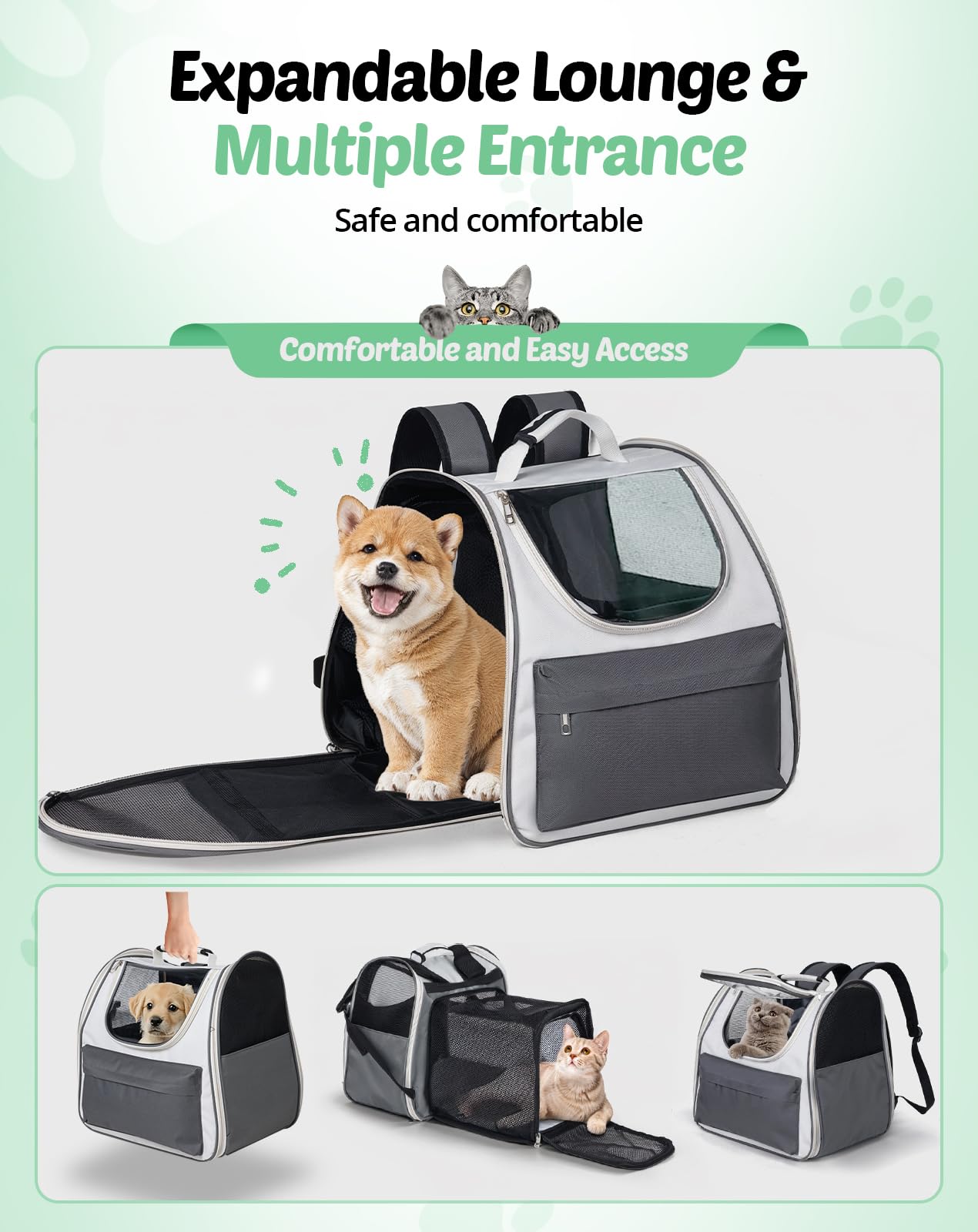 Large Cat Backpack Carrier, Expandable Roomy Pet Carrier Backpack For Medium Cat/Small Dog Puppy Under 18Lbs, Breathable Foldabl