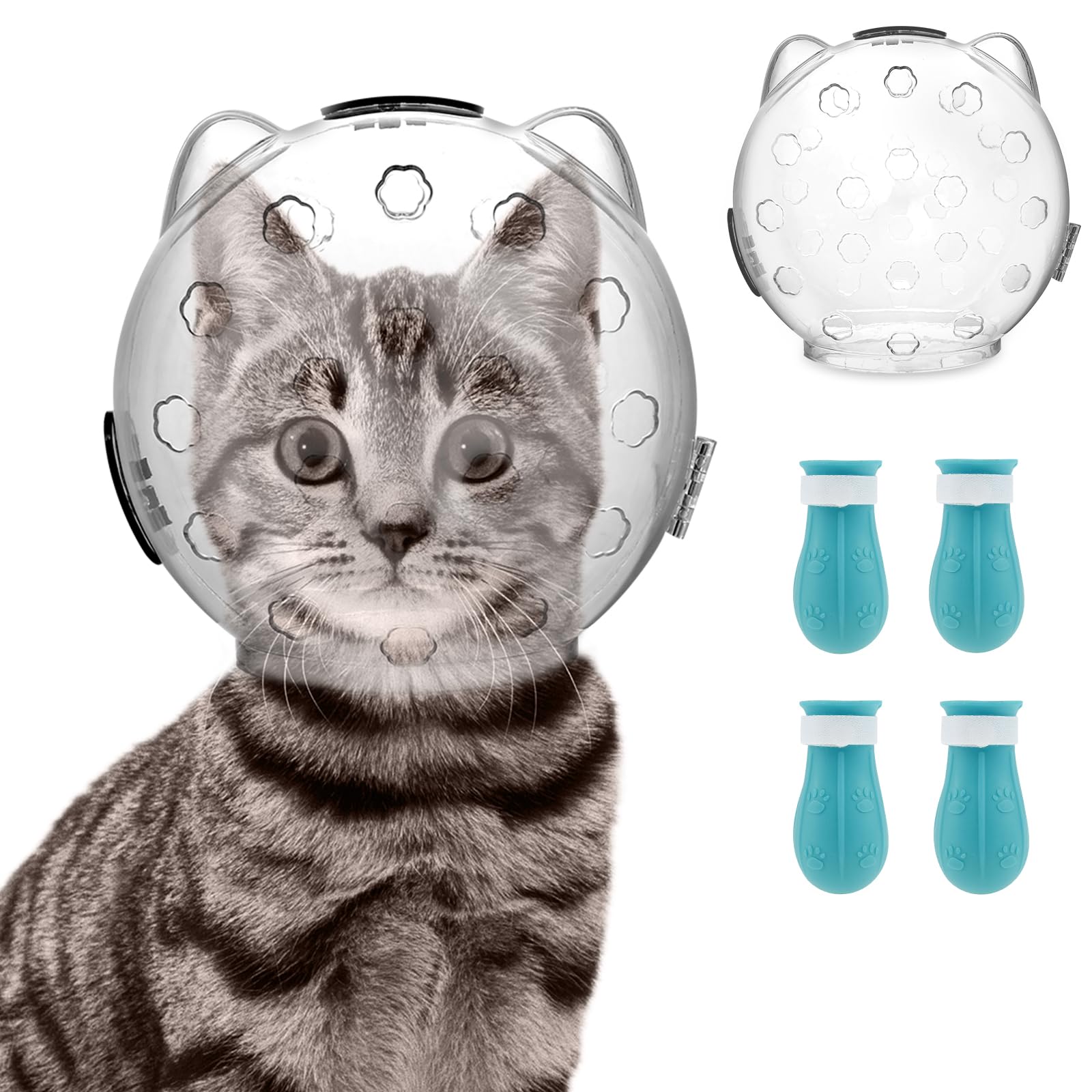 Dnamyjme Cat Muzzle For Grooming, Breathable Cat Muzzle Helmet With 4 Silicone Paw Shoes, Transparent Cat Astronaut Helmet, Dura