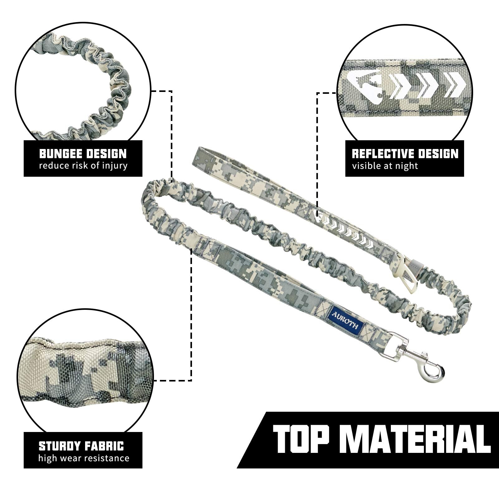 Auroth Dog Leash Large Dogs, Heavy Duty Dog Leash Bungee, No Pull Dog Leash For Shock Absorption, Grey Camo Dog Training Leashes