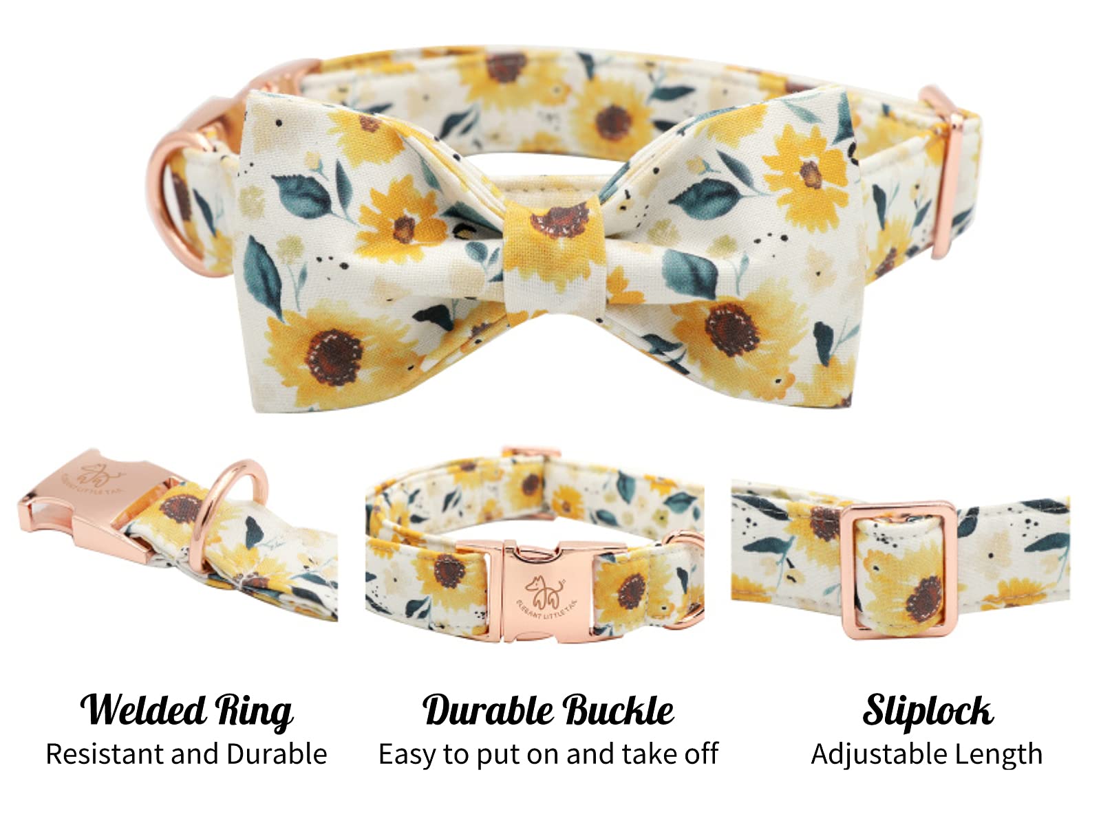 Elegant Little Tail Sunflower Print Dog Collar, Girl Dog Collar With Bow Adjustable Soft Bow Tie Dog Collars For X-Large Dogs