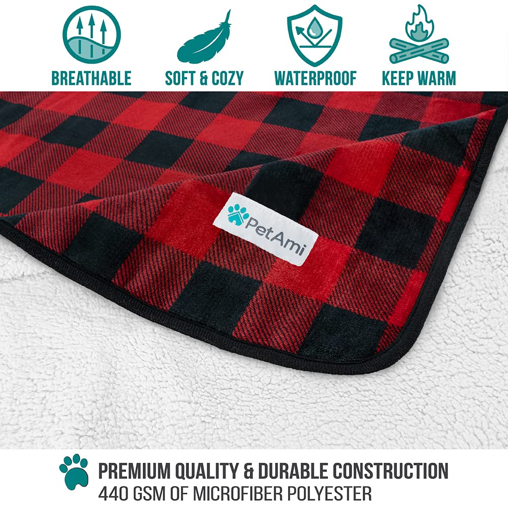 Petami Waterproof Dog Blanket For Small Medium Dogs, Pee Proof Pet Blanket Sherpa Fleece Couch Cover, Reversible Cat Throw Bed Sofa Protector, Soft Plush Washable Pad (Medium 29X40, Checker Red)